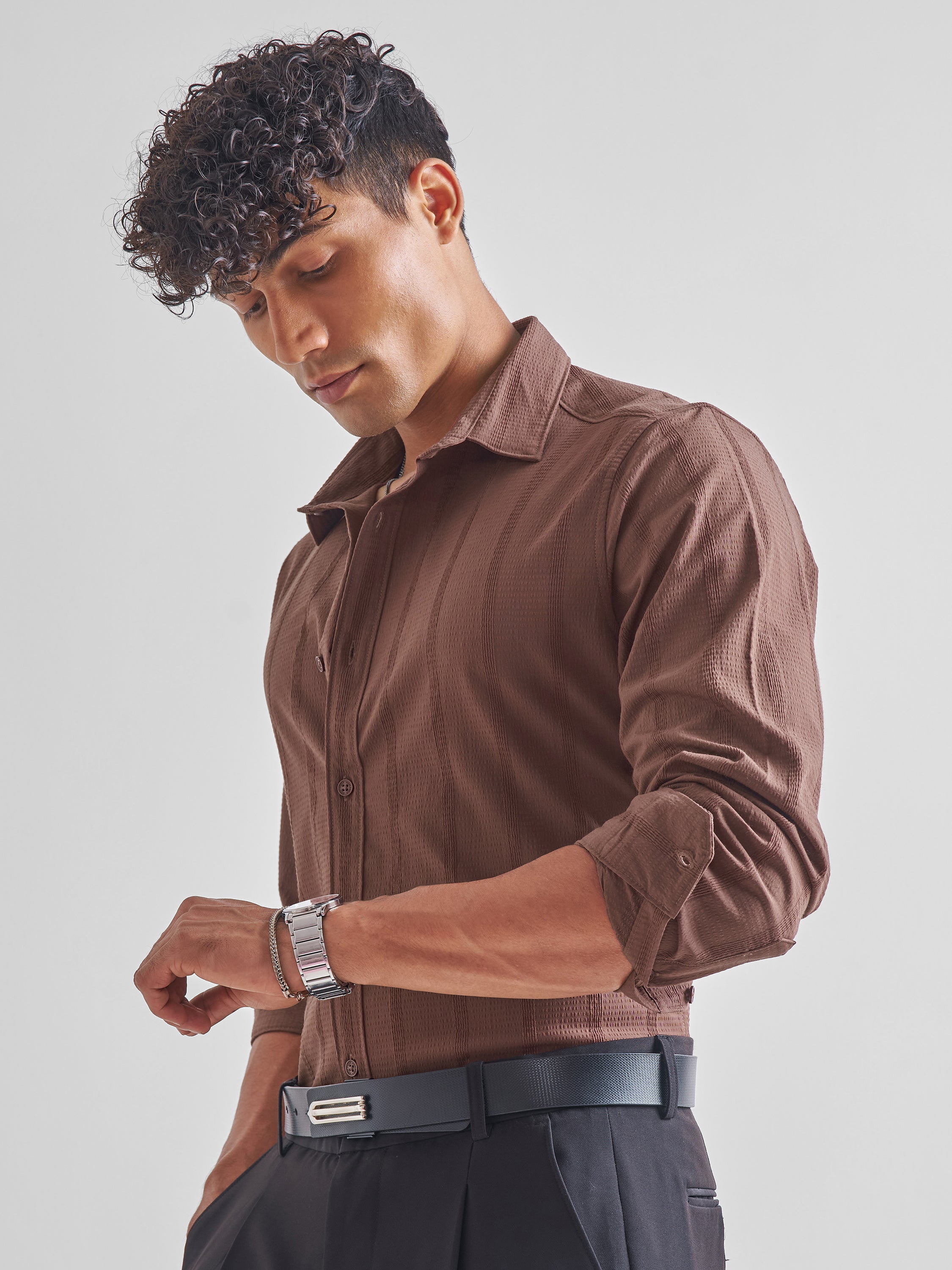 Highlander Men Brown Self Design Slim Fit Casual Shirt - Brown - Image 4