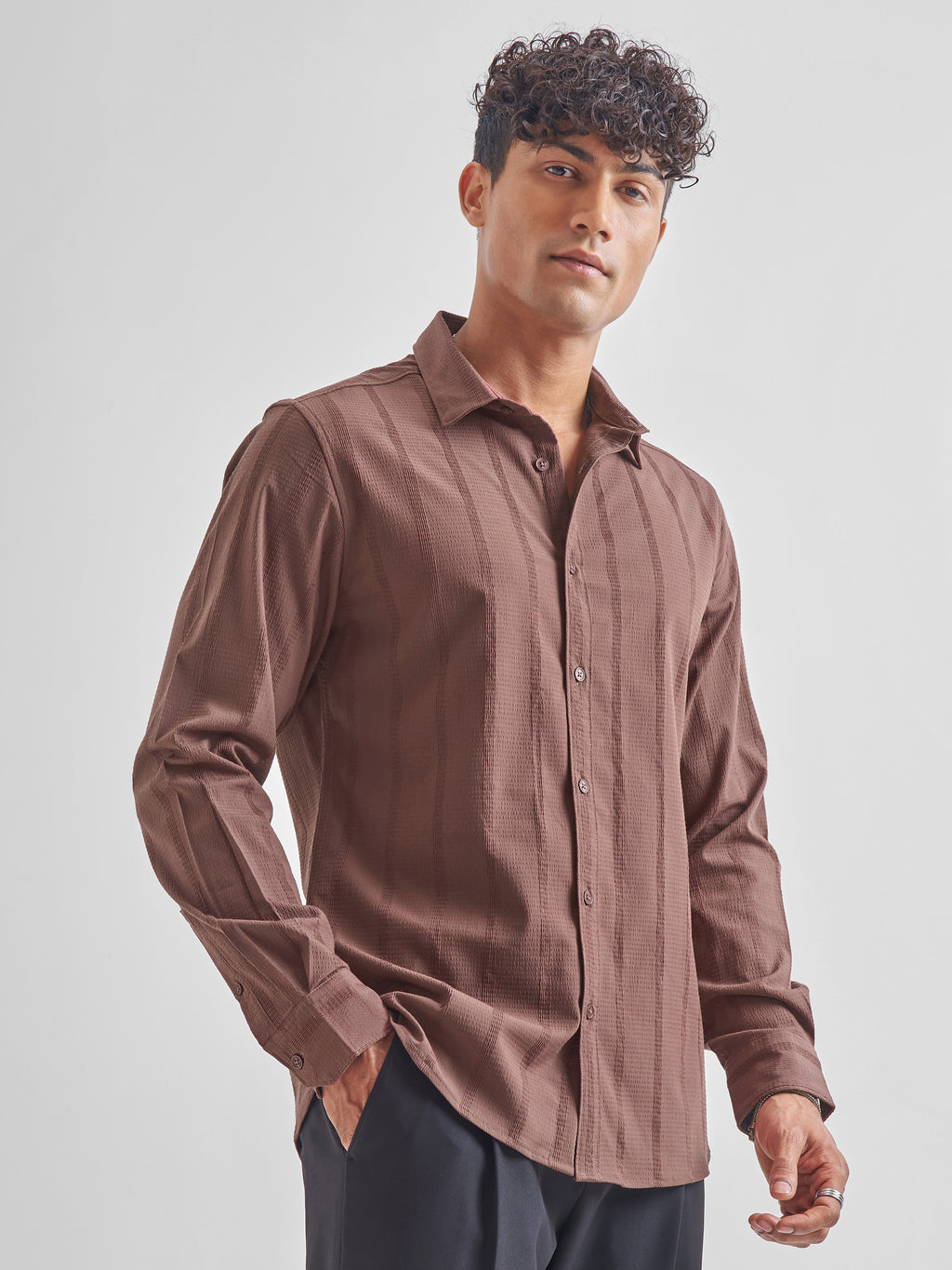 Highlander Men Brown Self Design Slim Fit Casual Shirt - Brown - Image 6