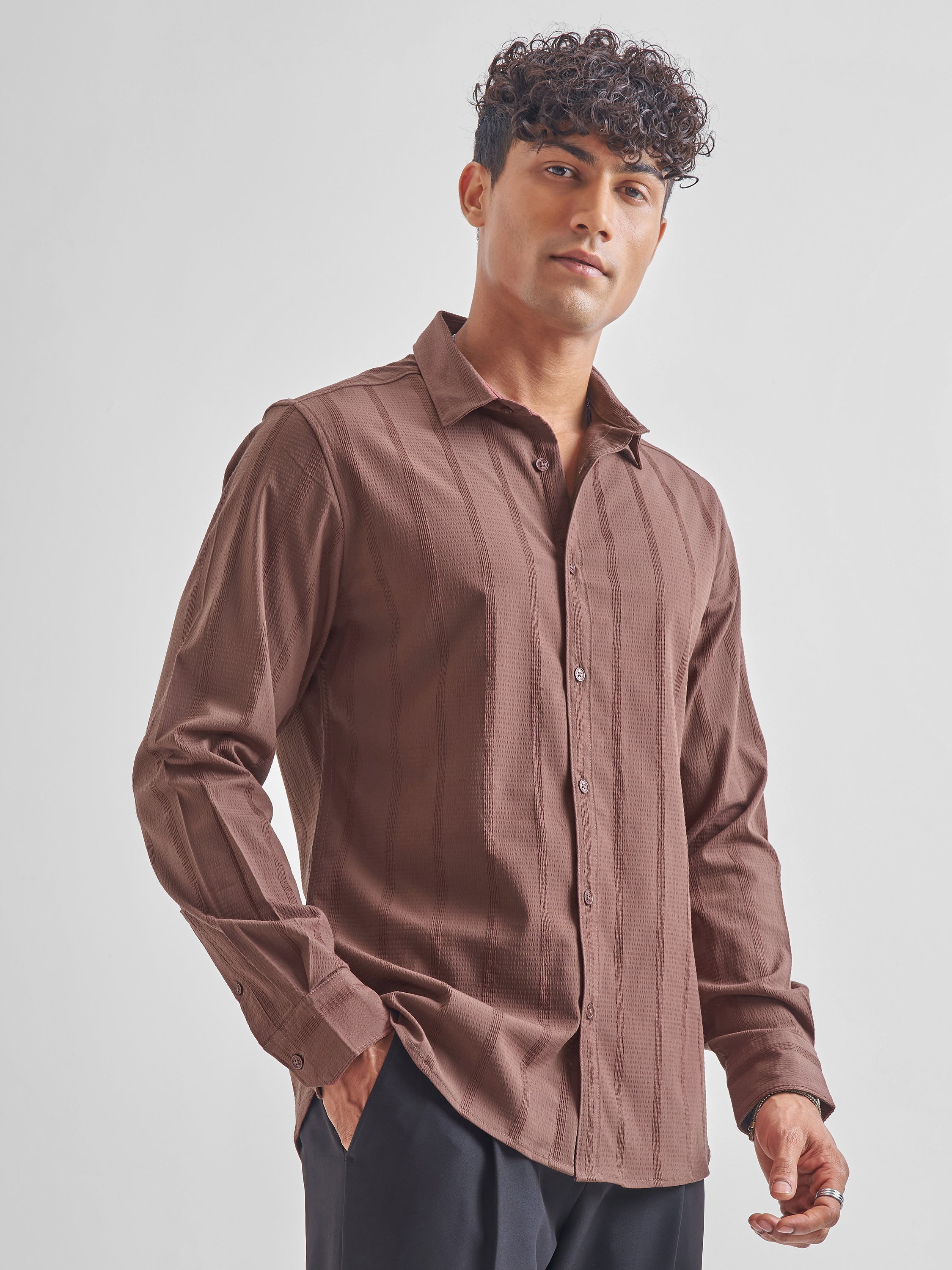 Highlander Men Brown Self Design Slim Fit Casual Shirt - Brown - Image 6