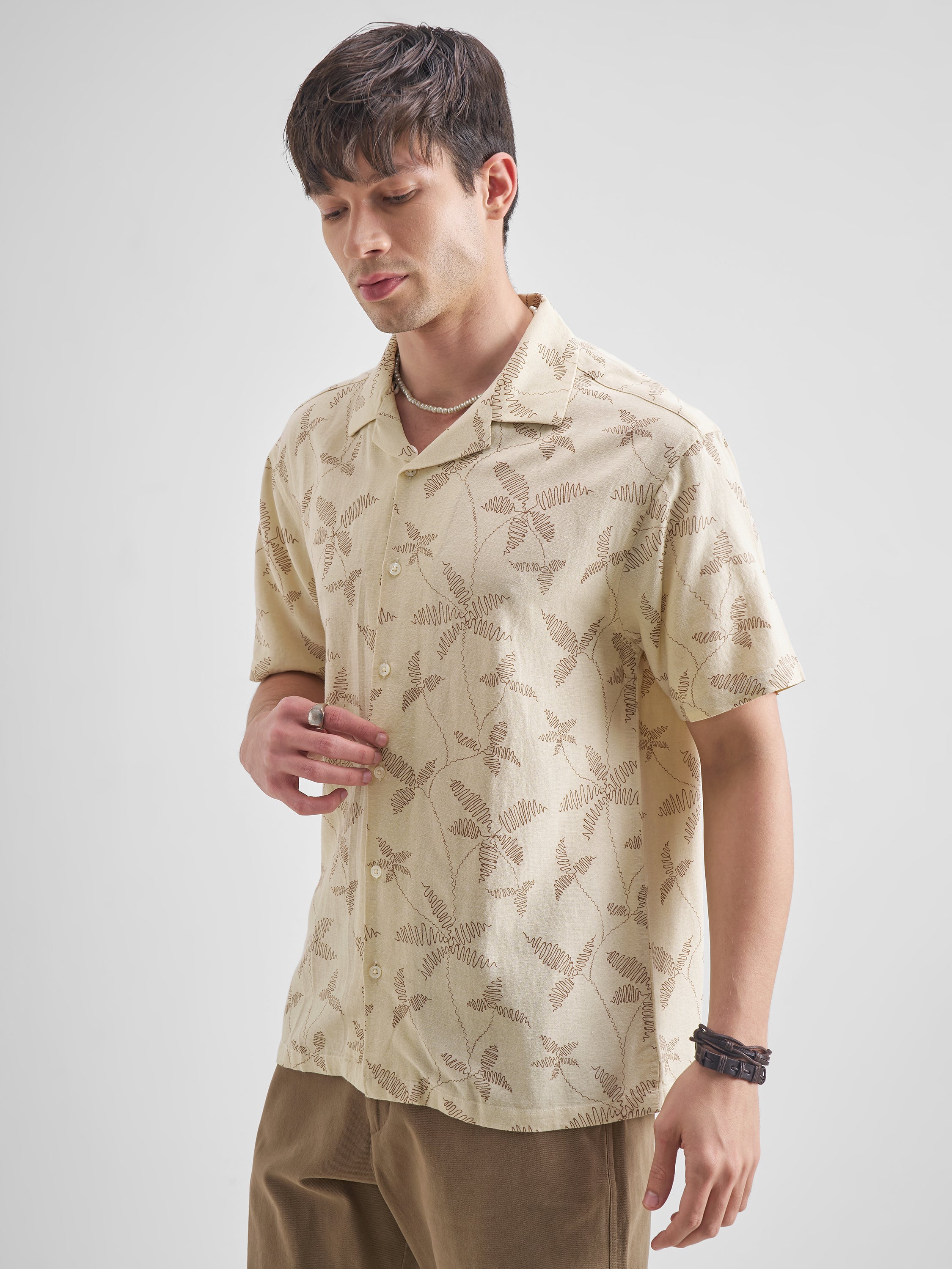 Highlander Men Cream Printed Relaxed Fit Casual Shirt - Cream - Image 4