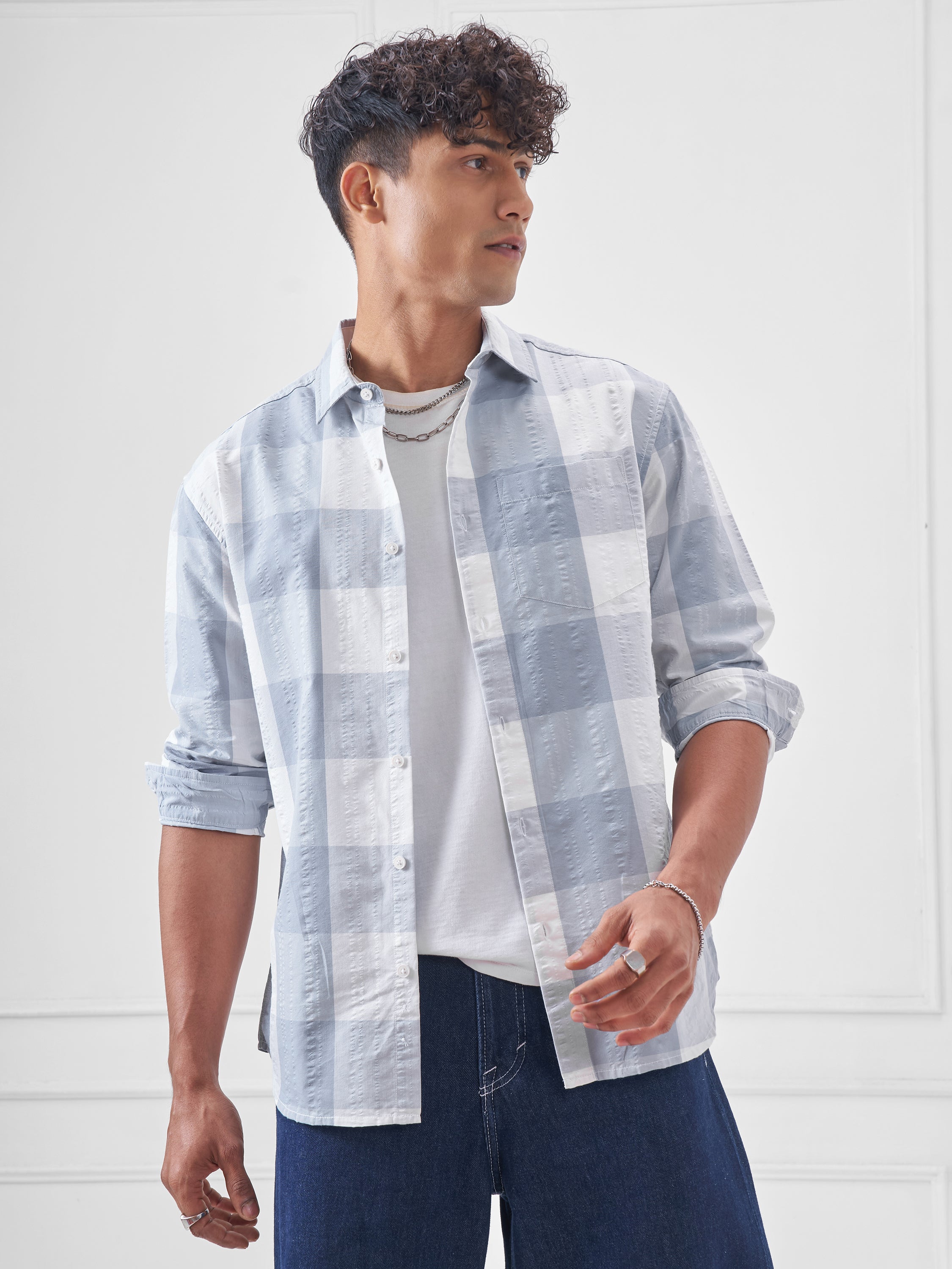Highlander Men Blue Checked Relaxed Fit Casual Shirt - Blue - Image 4
