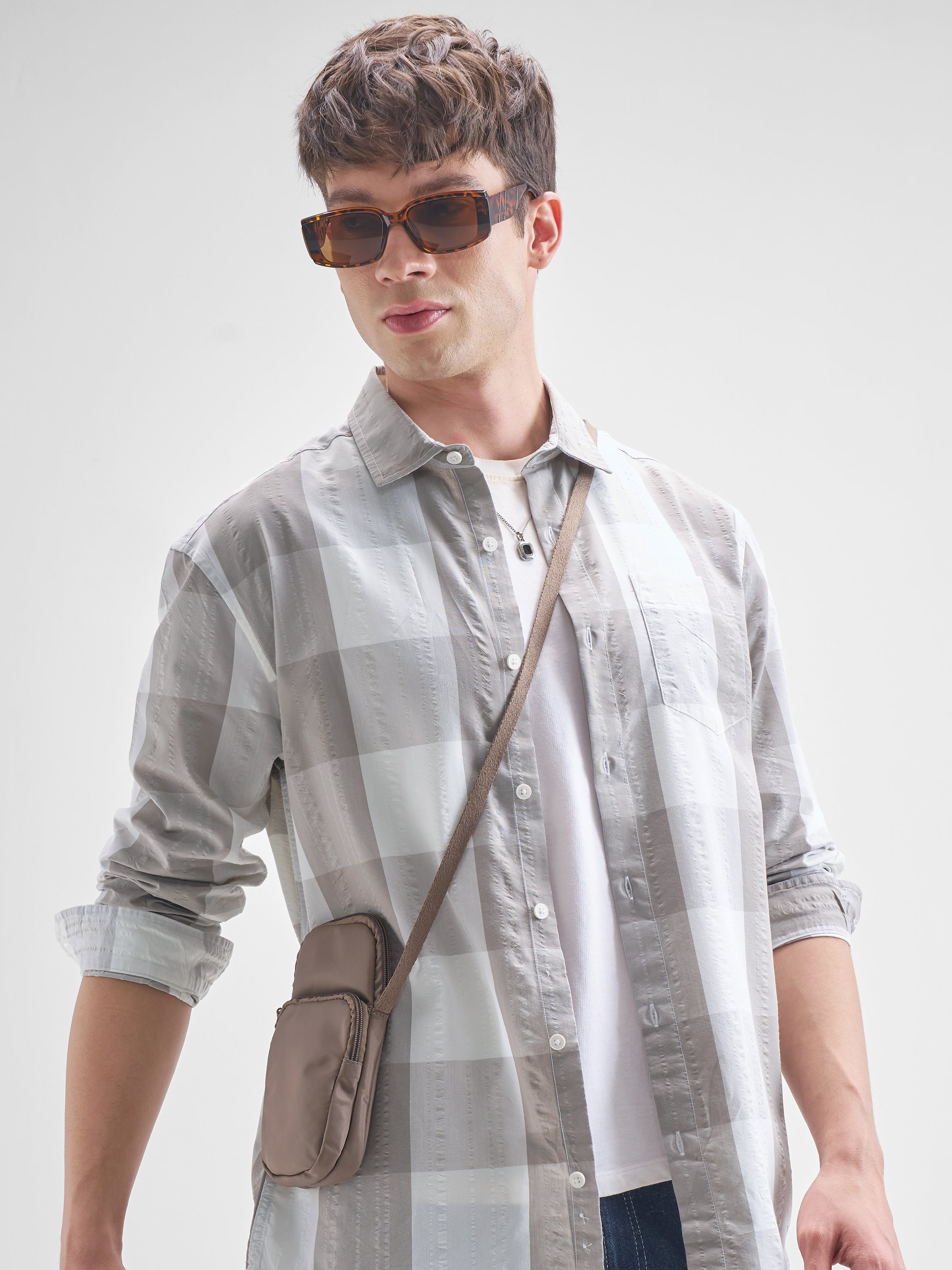 Highlander Men Grey Checked Relaxed Fit Casual Shirt - Grey - Image 1