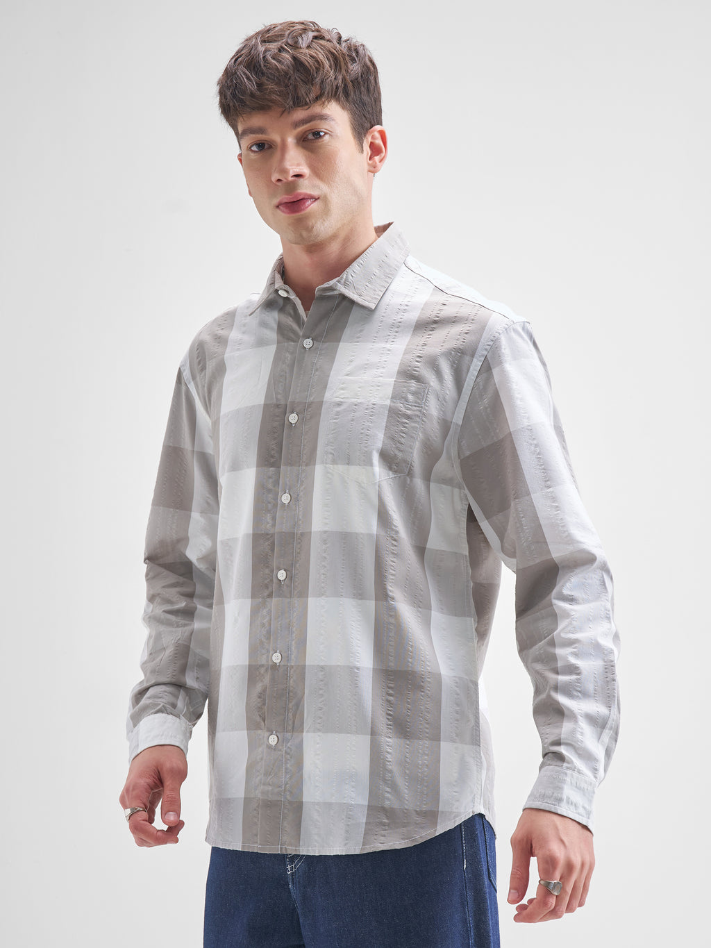Highlander Men Grey Checked Relaxed Fit Casual Shirt - Grey - Image 4