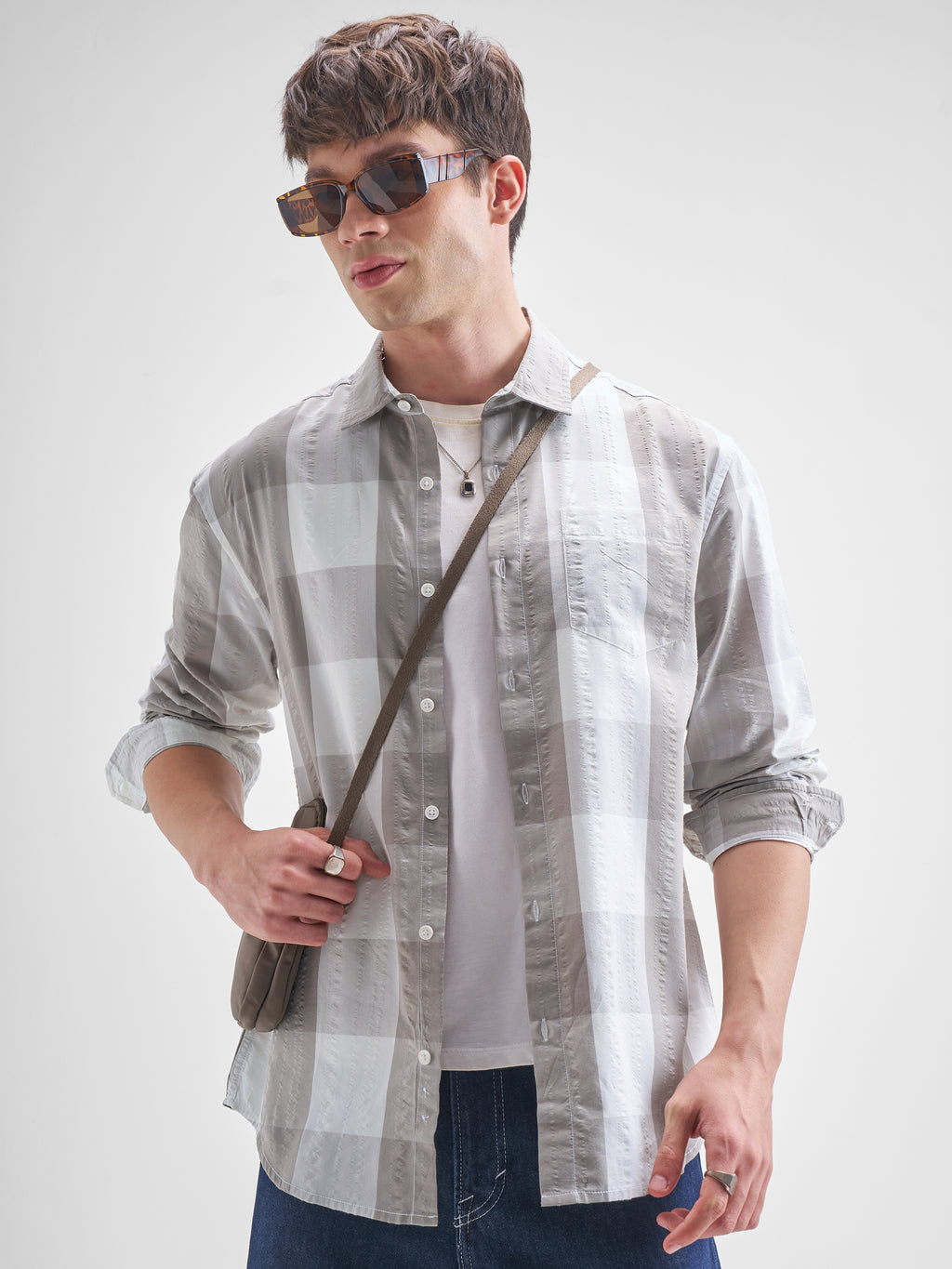 Highlander Men Grey Checked Relaxed Fit Casual Shirt - Grey - Image 6