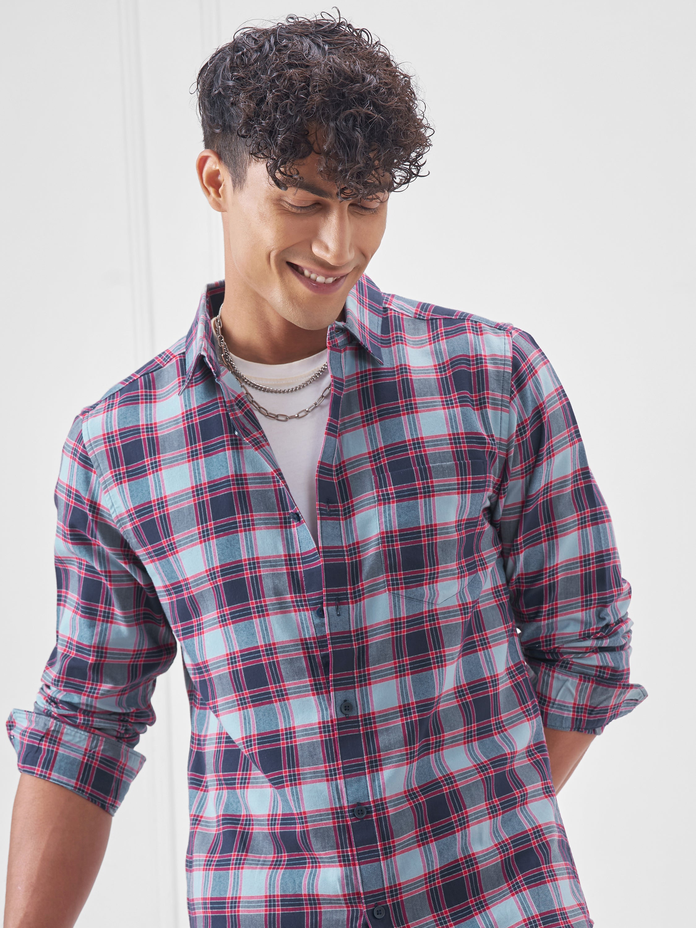 Highlander Men Navy Blue Checked Slim Fit Casual Shirt - Navy Blue - Image 1