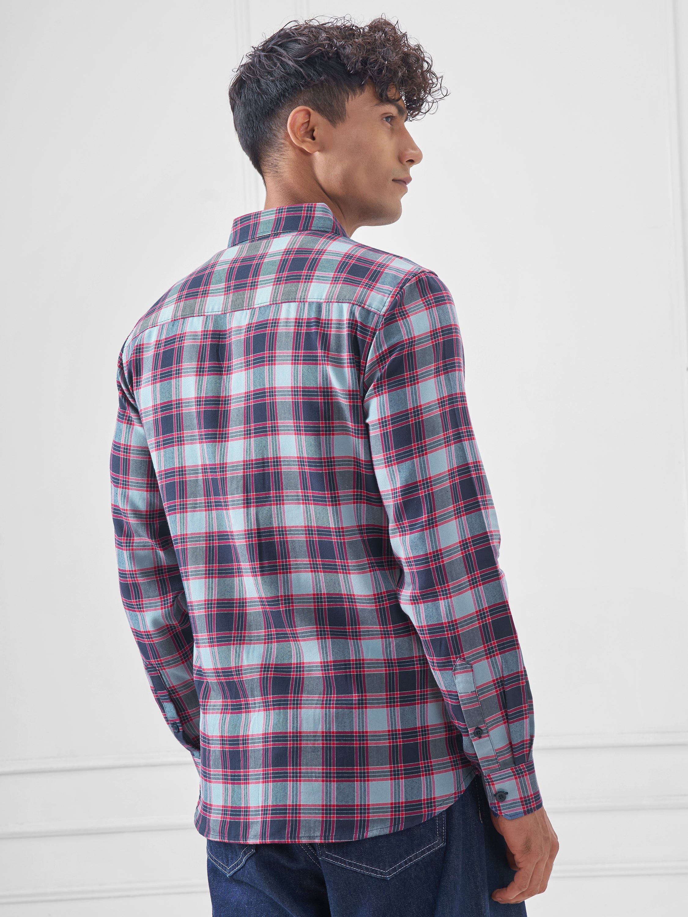 Highlander Men Navy Blue Checked Slim Fit Casual Shirt - Navy Blue - Image 3