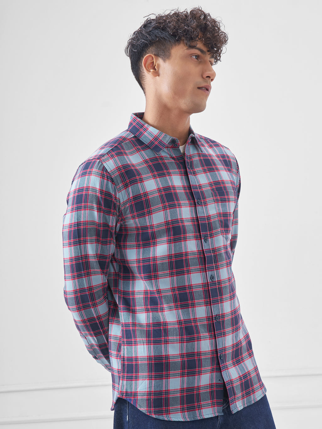 Highlander Men Navy Blue Checked Slim Fit Casual Shirt - Navy Blue - Image 6