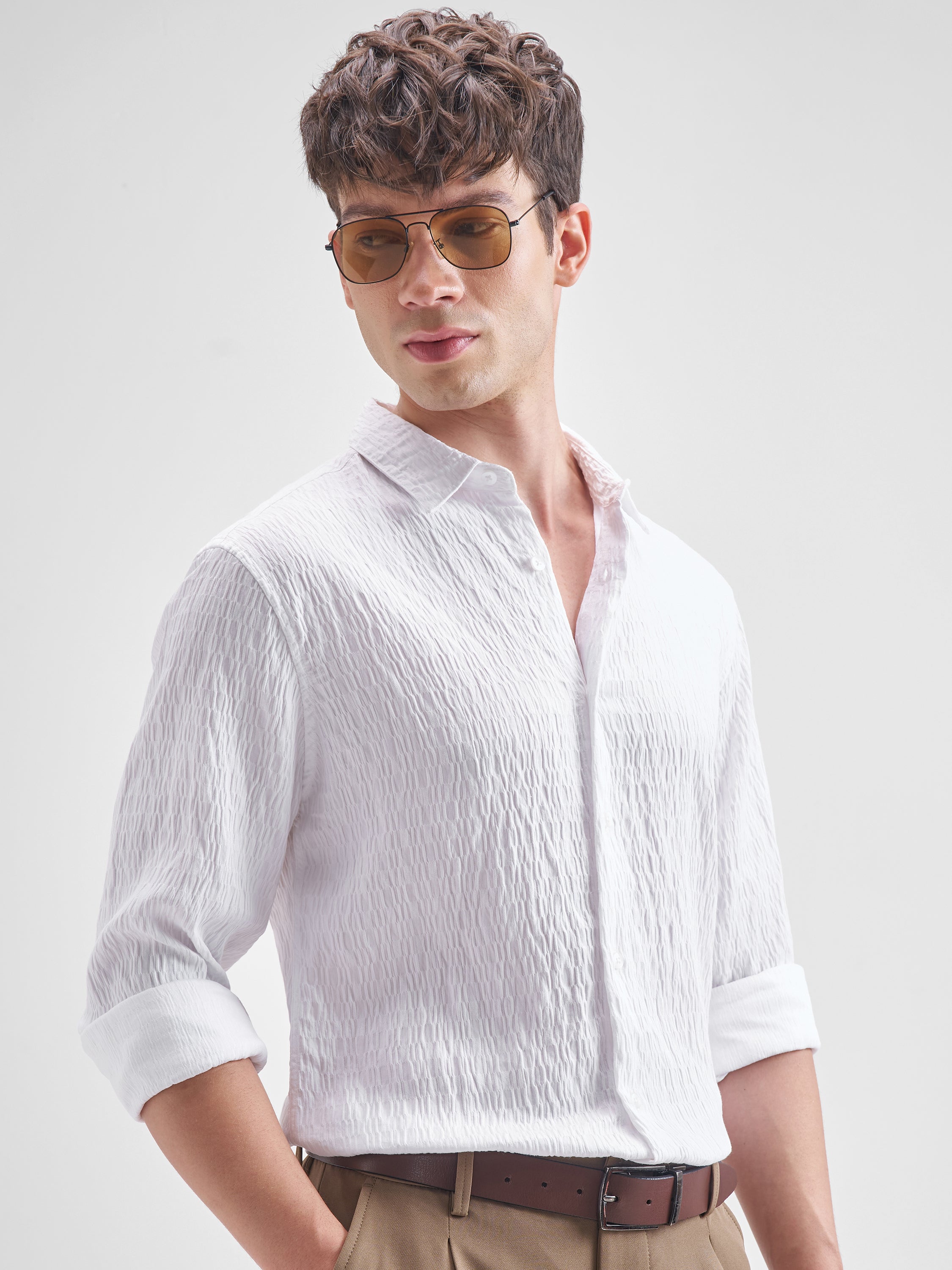 Highlander Men White Crushed Slim Fit Casual Shirt - White - Image 1