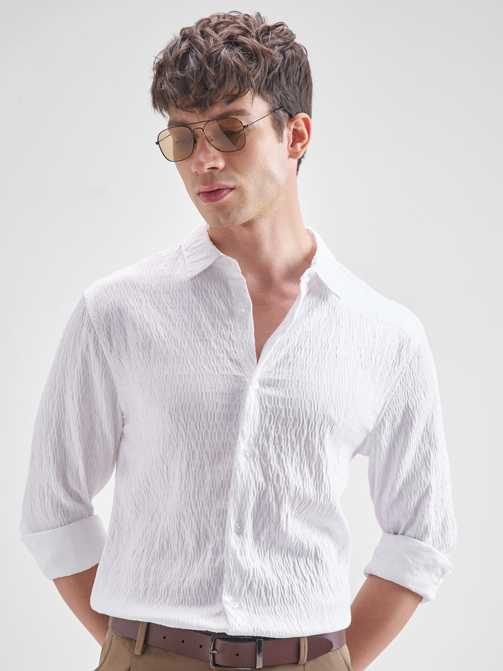 Highlander Men White Crushed Slim Fit Casual Shirt - White - Image 6