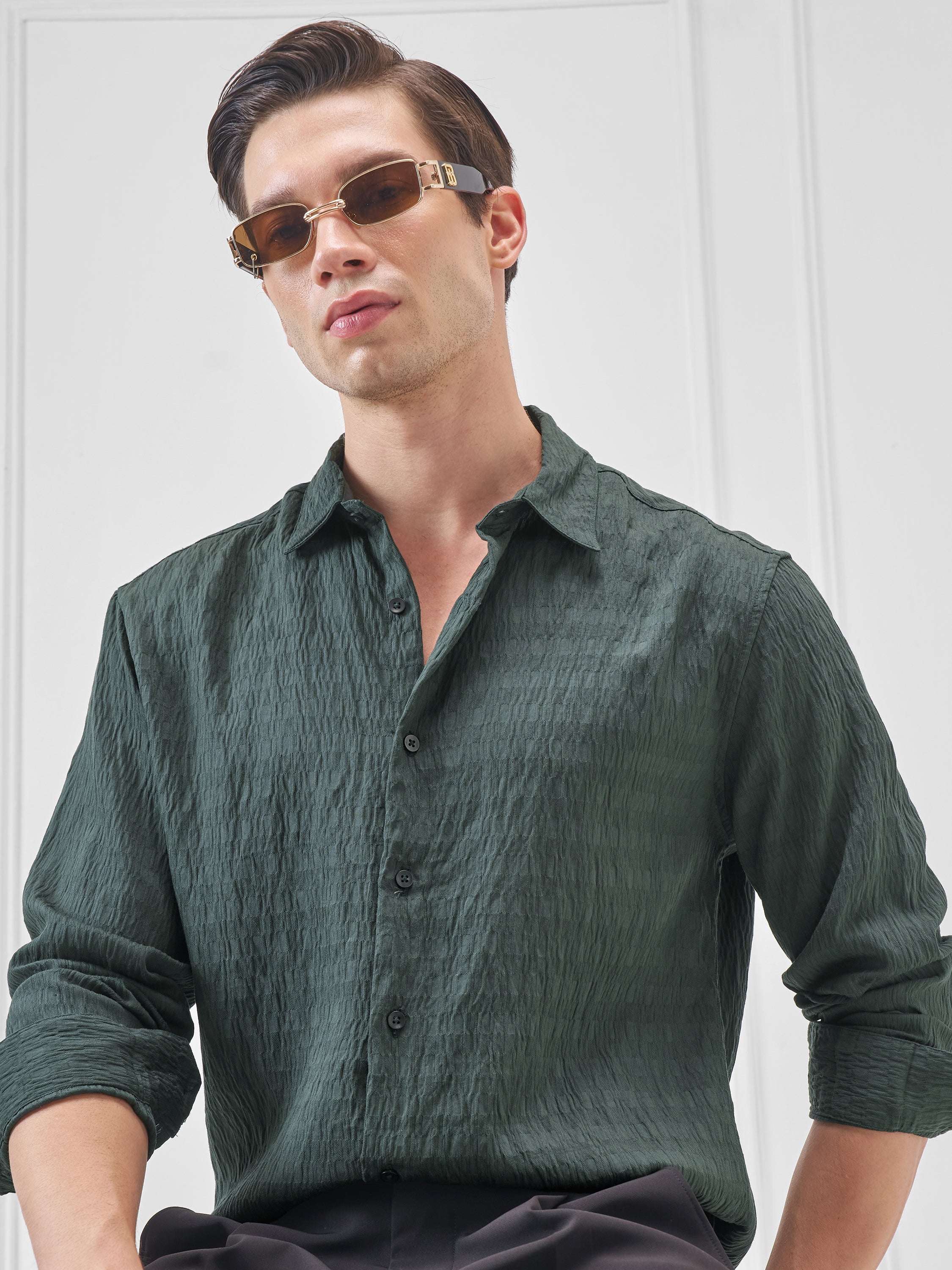Highlander Men Green Self Design Slim Fit Casual Shirt - Green - Image 1