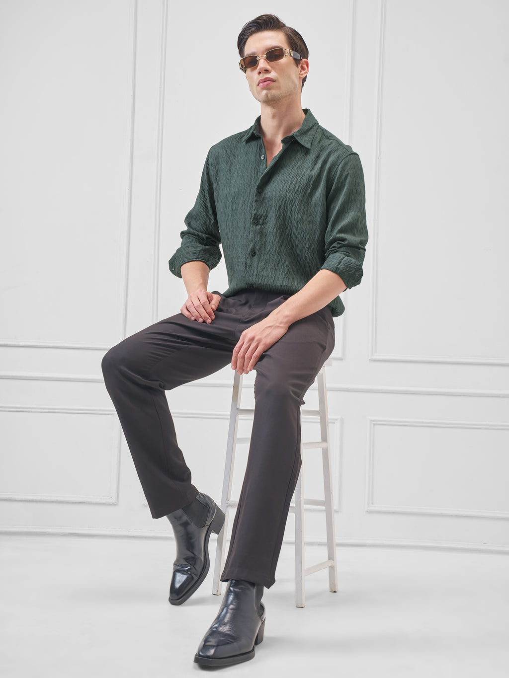Highlander Men Green Self Design Slim Fit Casual Shirt - Green - Image 2