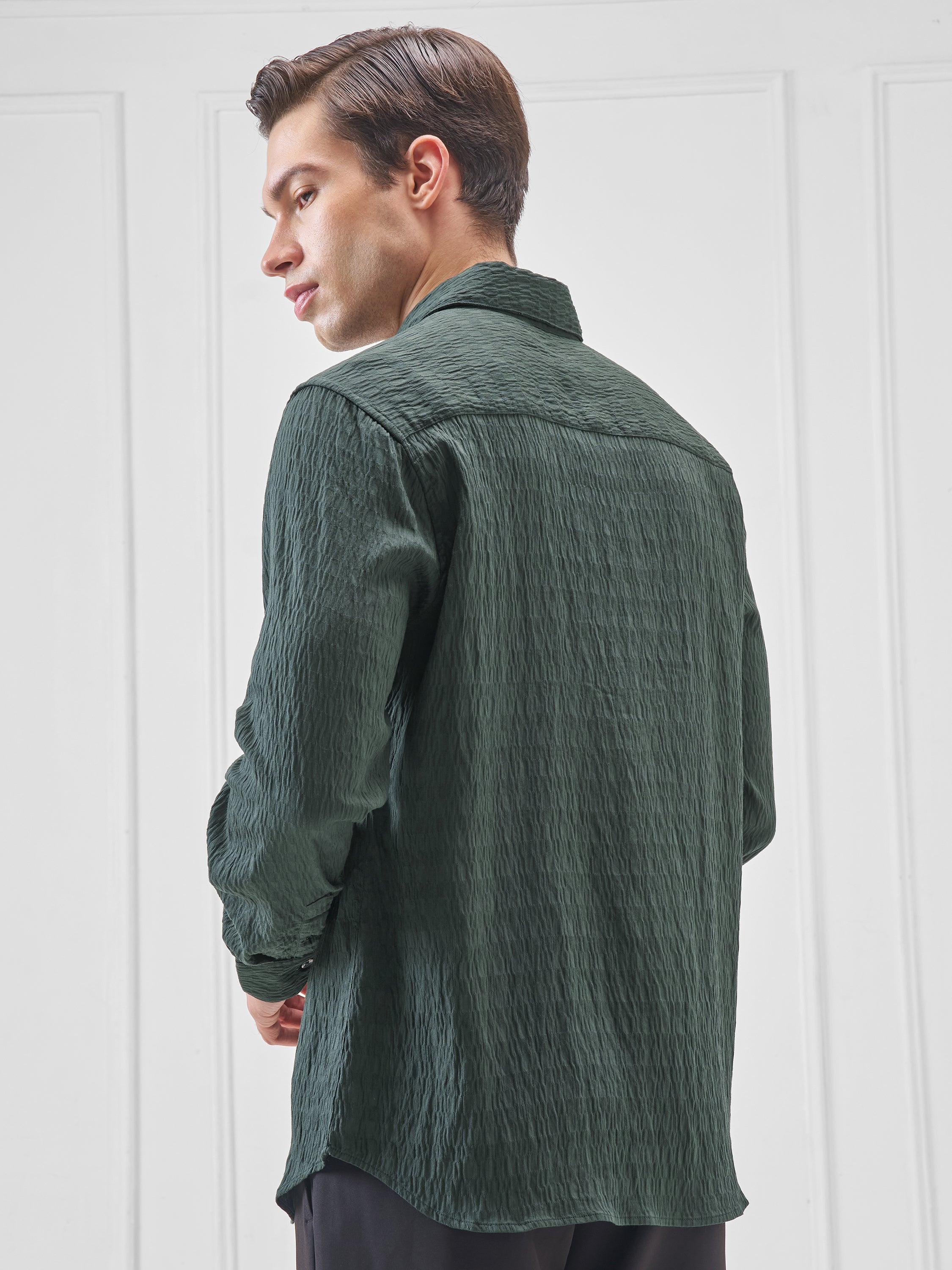Highlander Men Green Self Design Slim Fit Casual Shirt - Green - Image 3