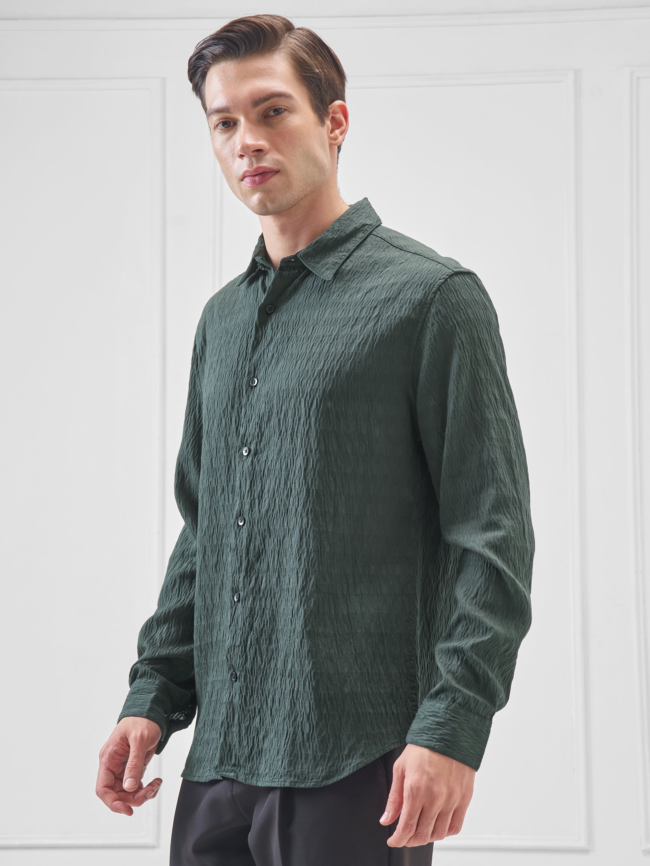 Highlander Men Green Self Design Slim Fit Casual Shirt - Green - Image 4