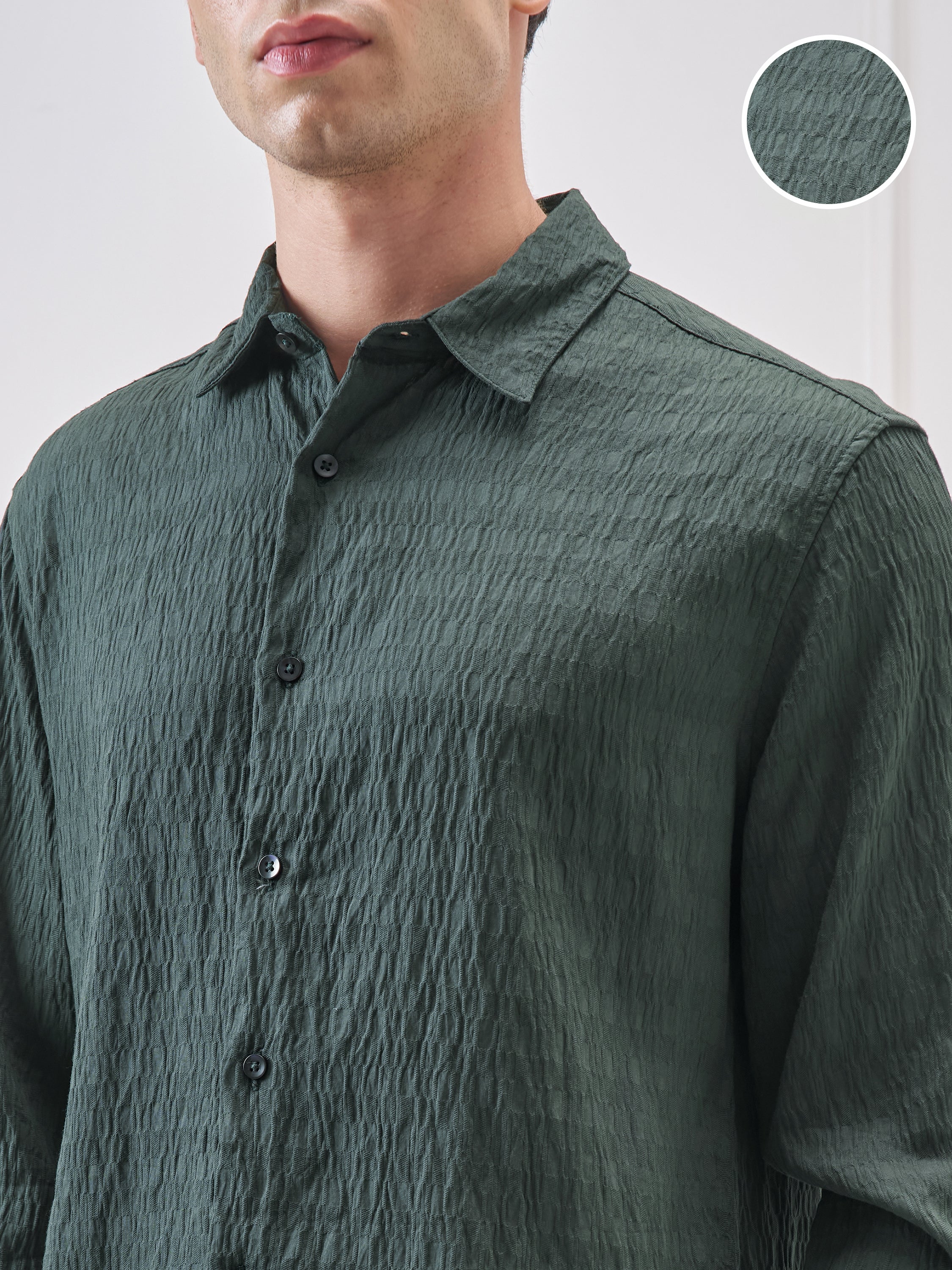 Highlander Men Green Self Design Slim Fit Casual Shirt - Green - Image 5