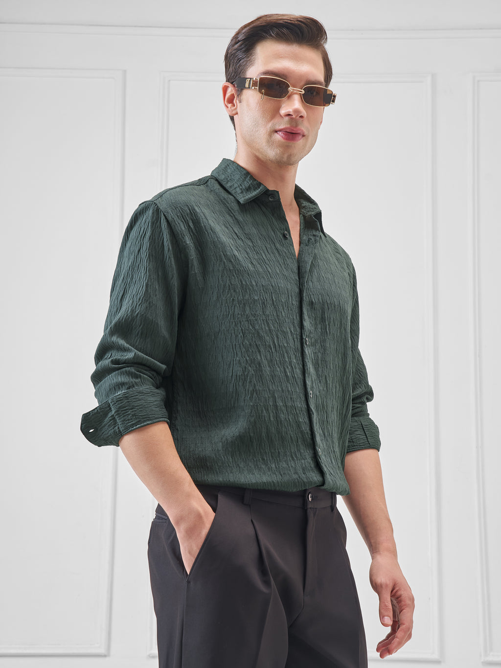 Highlander Men Green Self Design Slim Fit Casual Shirt - Green - Image 6