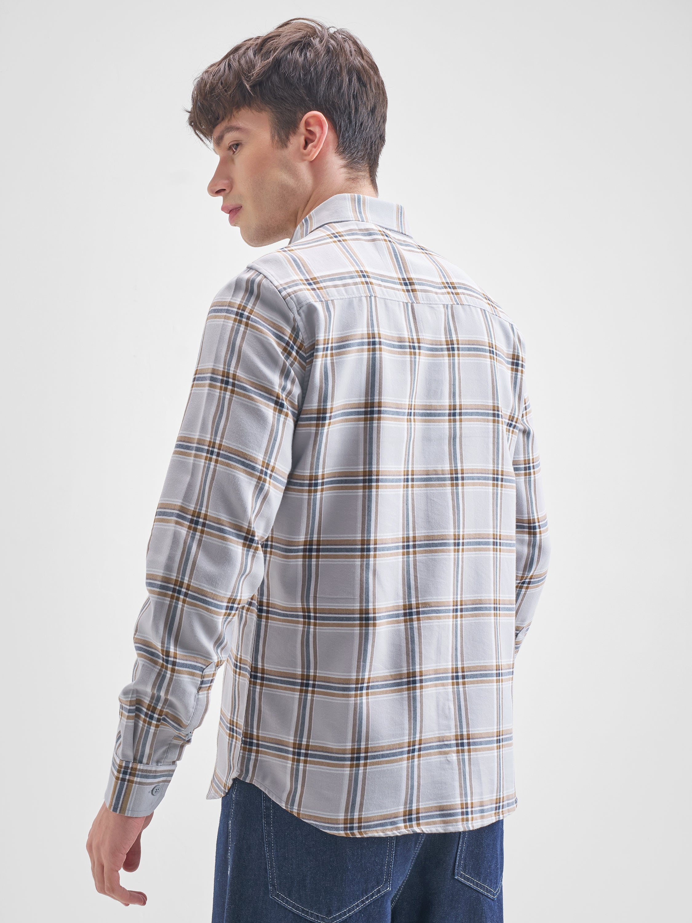 Highlander Men Grey Checked Slim Fit Casual Shirt - Grey - Image 3