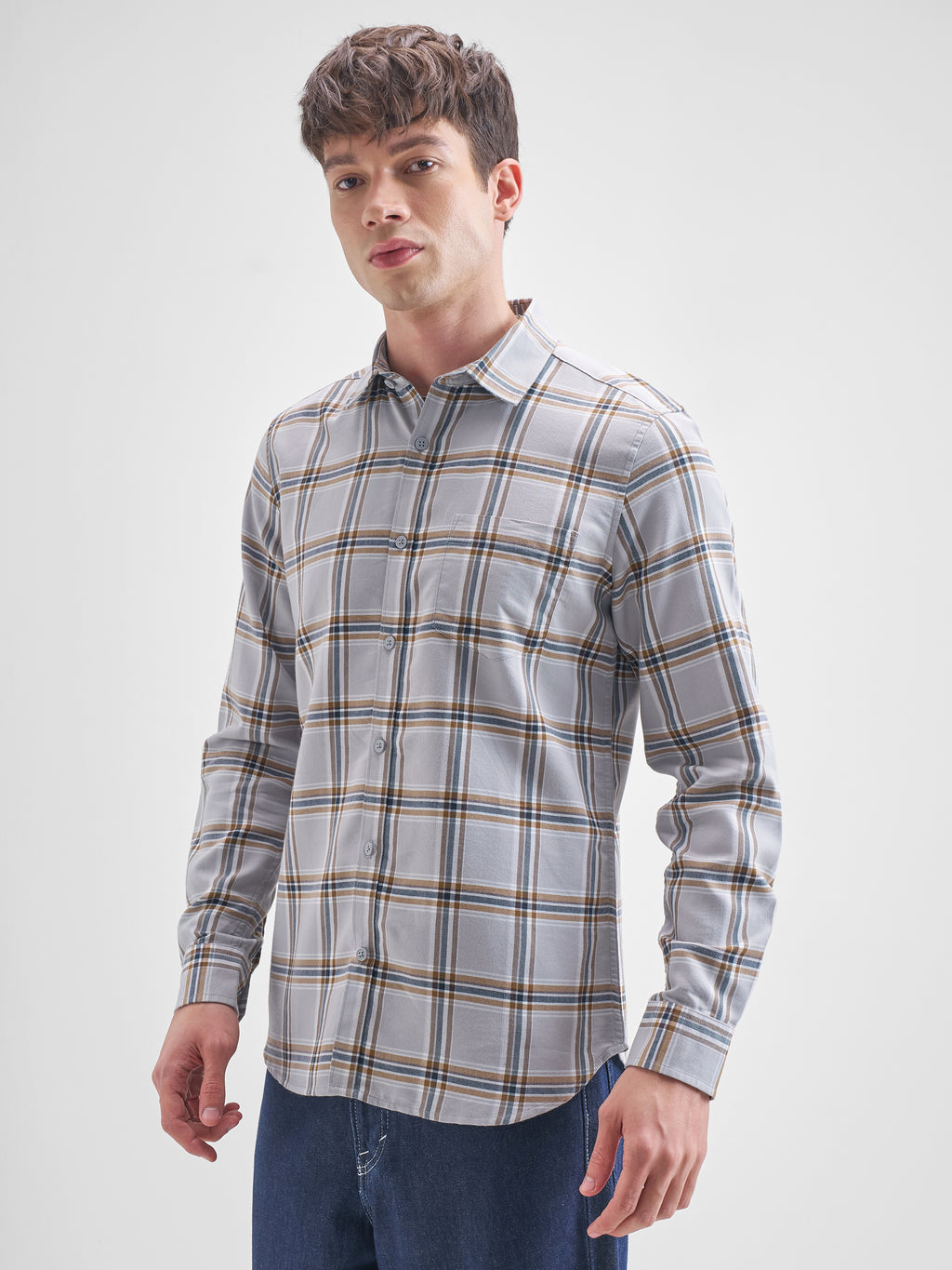 Highlander Men Grey Checked Slim Fit Casual Shirt - Grey - Image 4