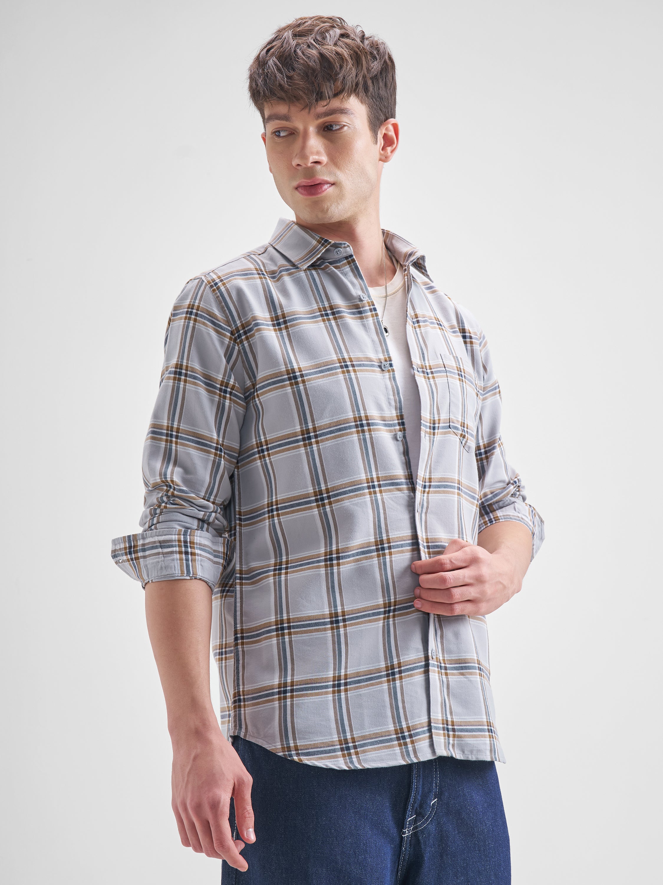 Highlander Men Grey Checked Slim Fit Casual Shirt - Grey - Image 6