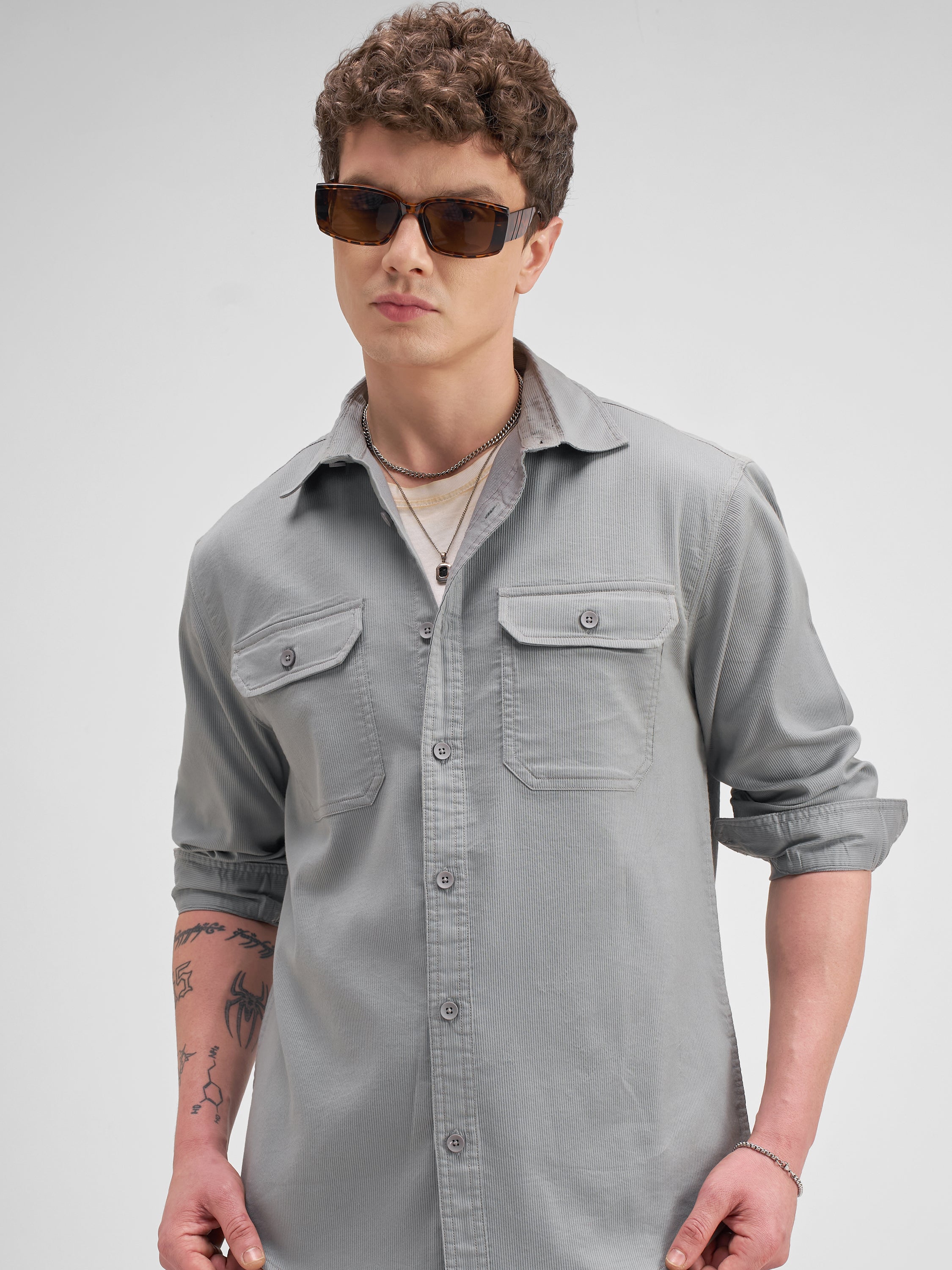 Highlander Men Grey Solid Regular Fit Casual Shirt - Grey - Image 1
