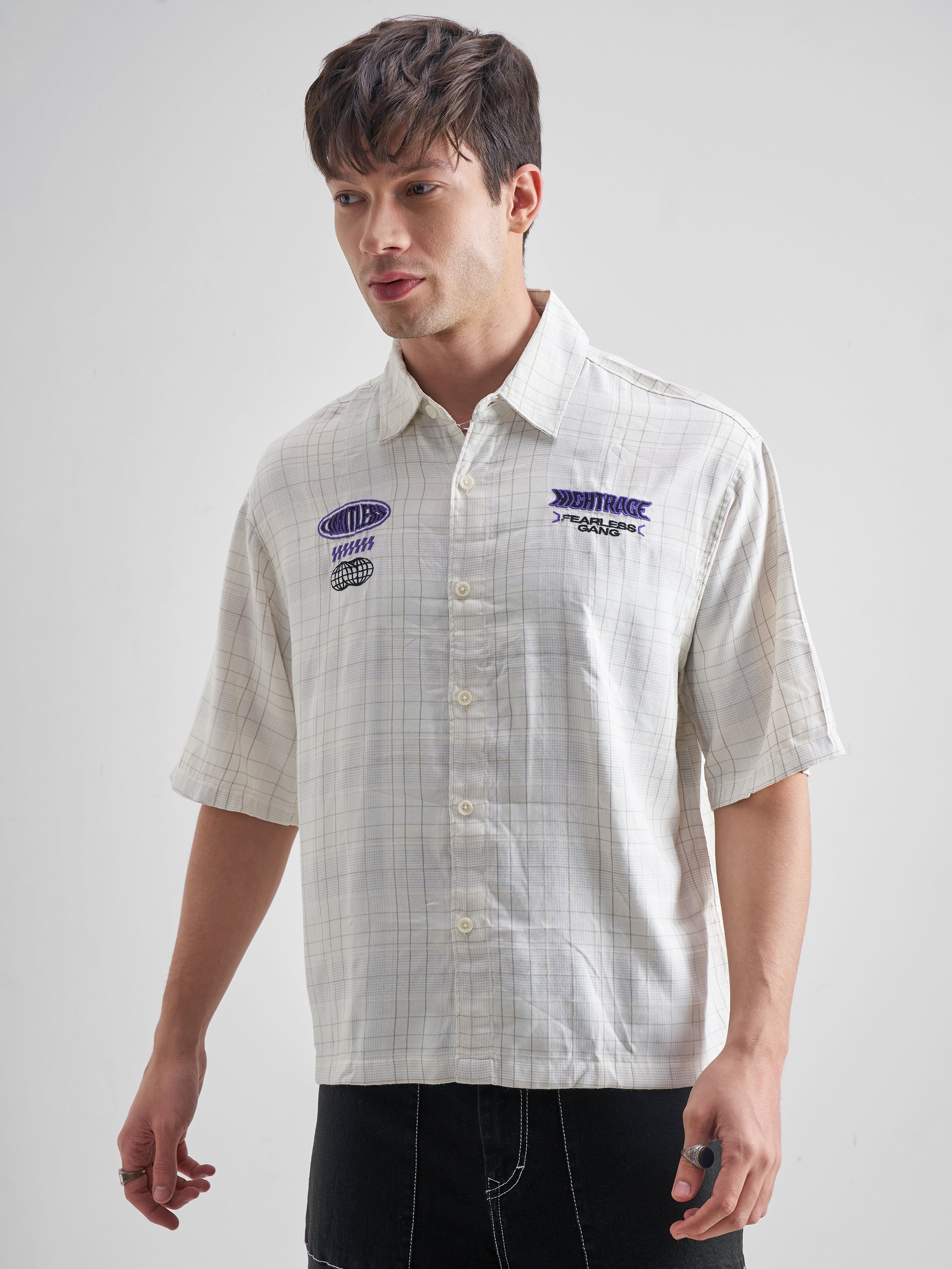 Highlander Men Cream Embroidered Boxy Fit Casual Shirt - Cream - Image 4