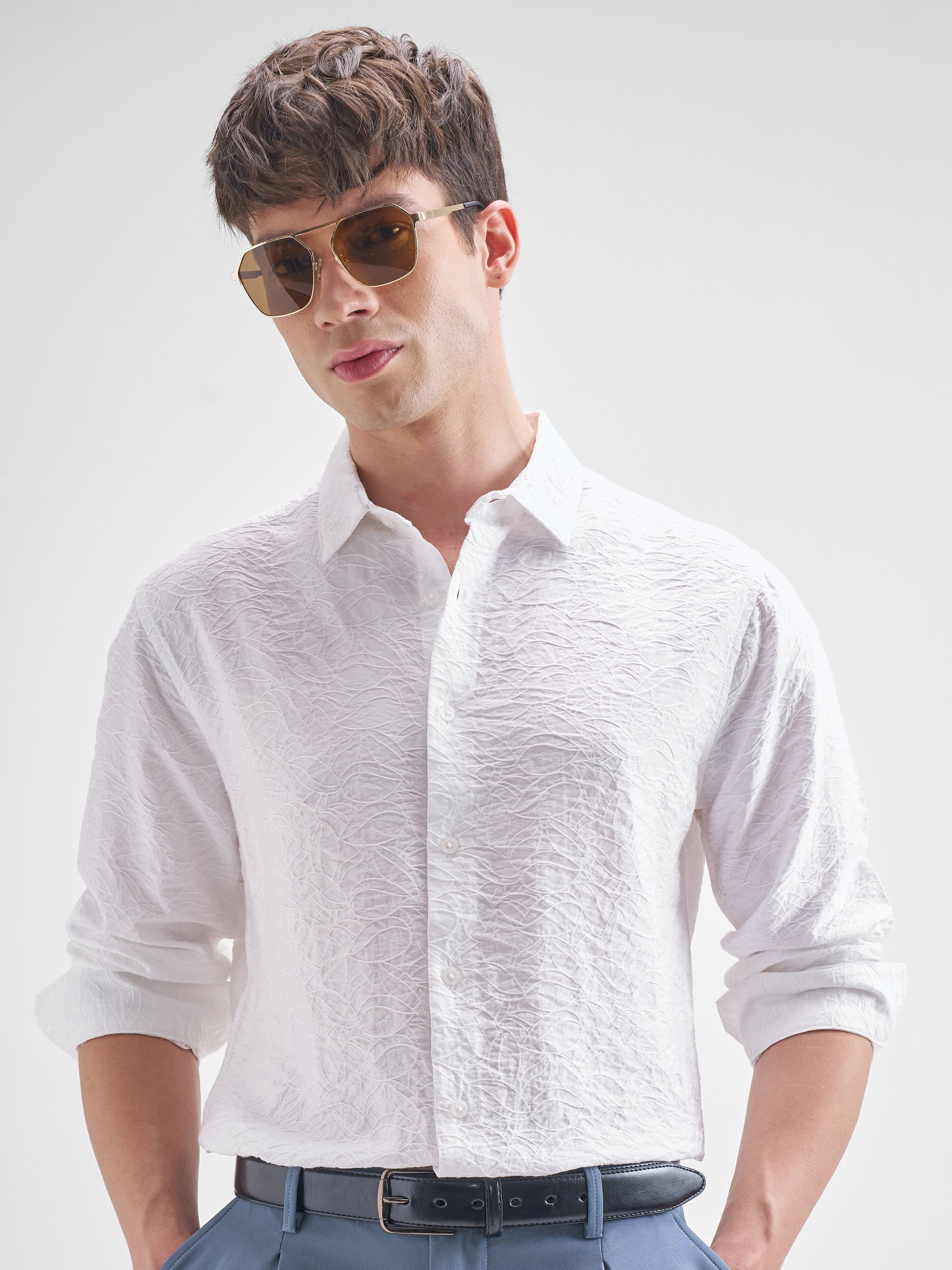 Highlander Men White Crushed Relaxed Fit Casual Shirt - White - Image 1