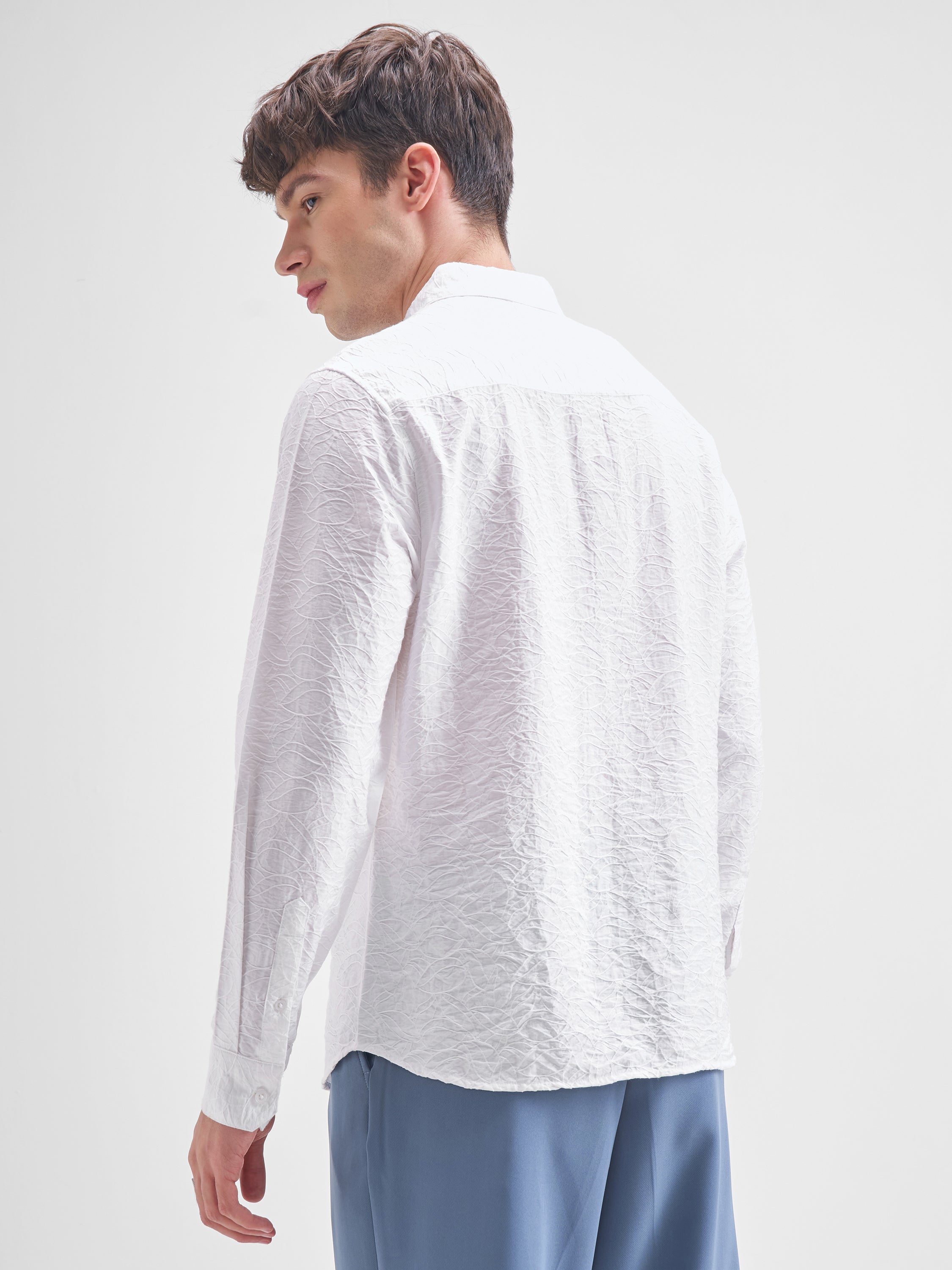 Highlander Men White Crushed Relaxed Fit Casual Shirt - White - Image 3