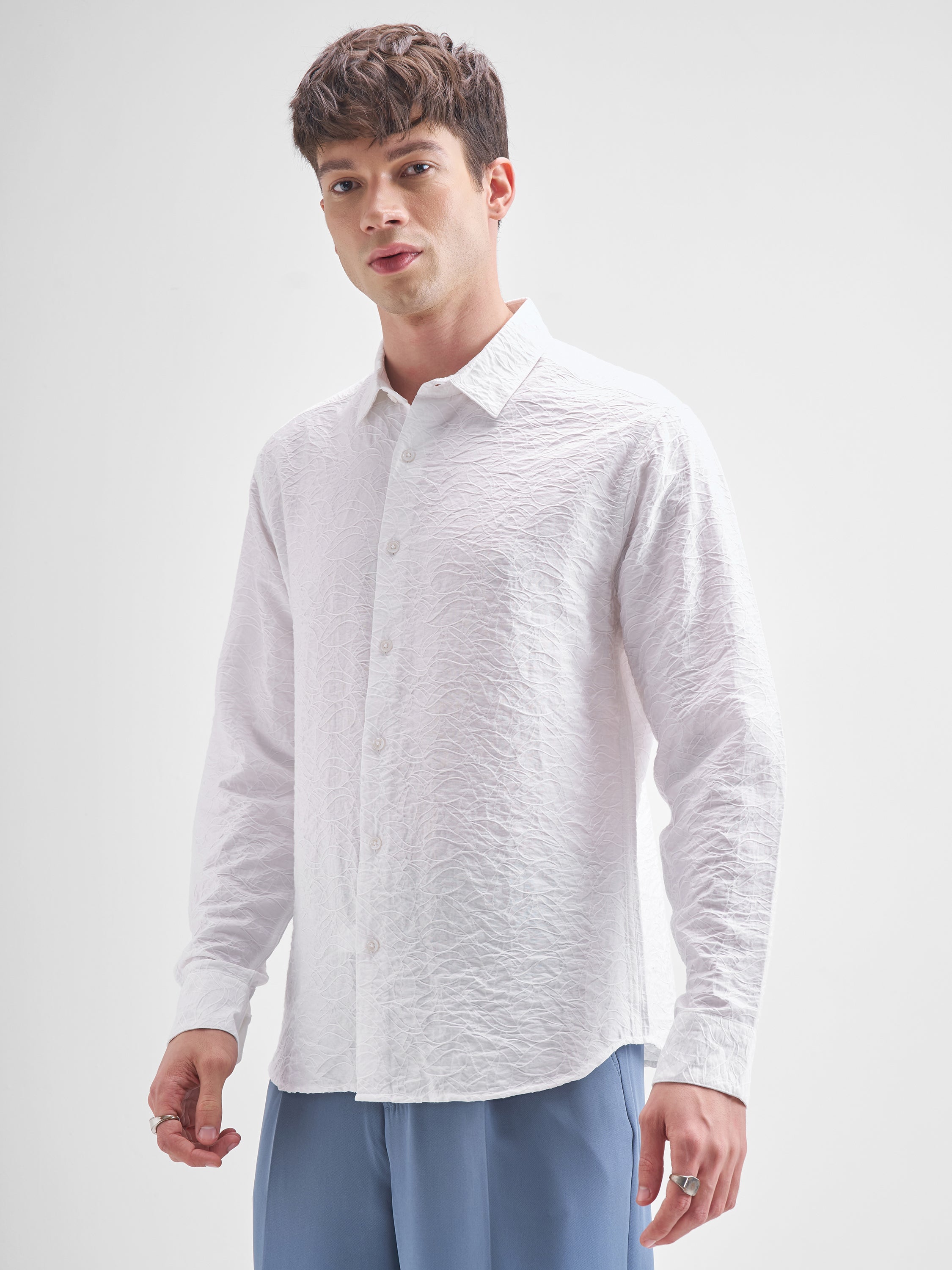 Highlander Men White Crushed Relaxed Fit Casual Shirt - White - Image 4