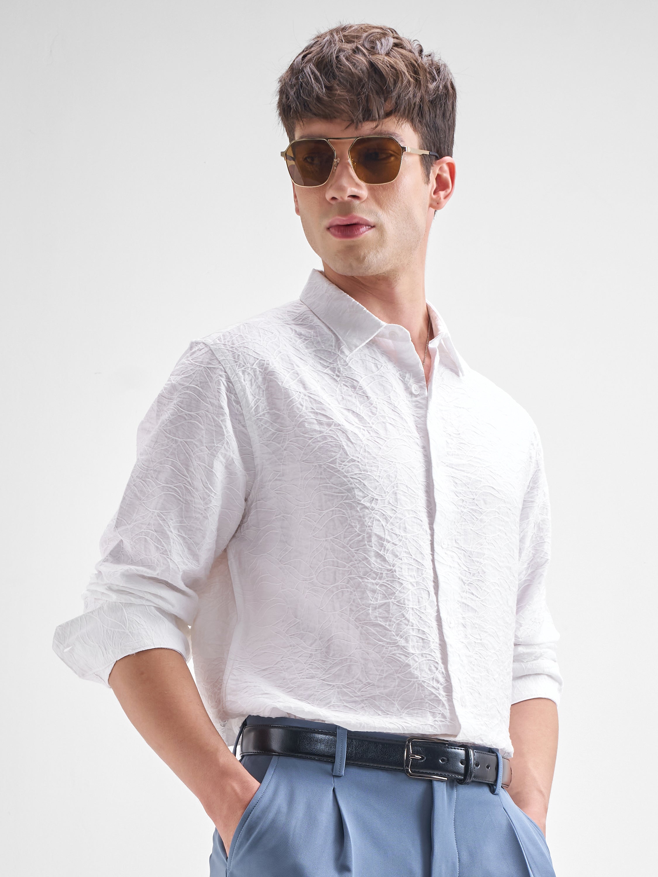 Highlander Men White Crushed Relaxed Fit Casual Shirt - White - Image 6