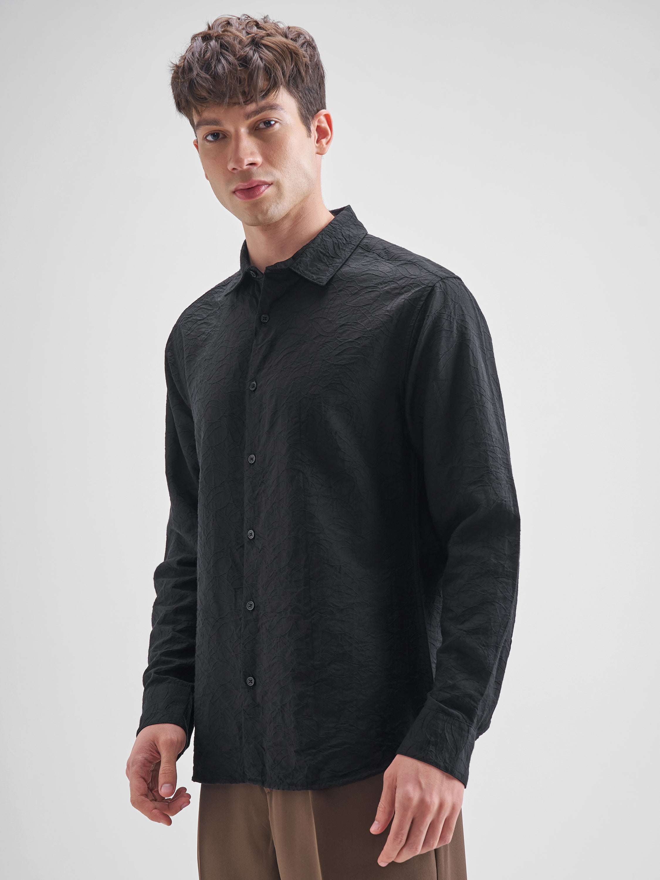Highlander Men Black Self Design Relaxed Fit Casual Shirt - Black - Image 4