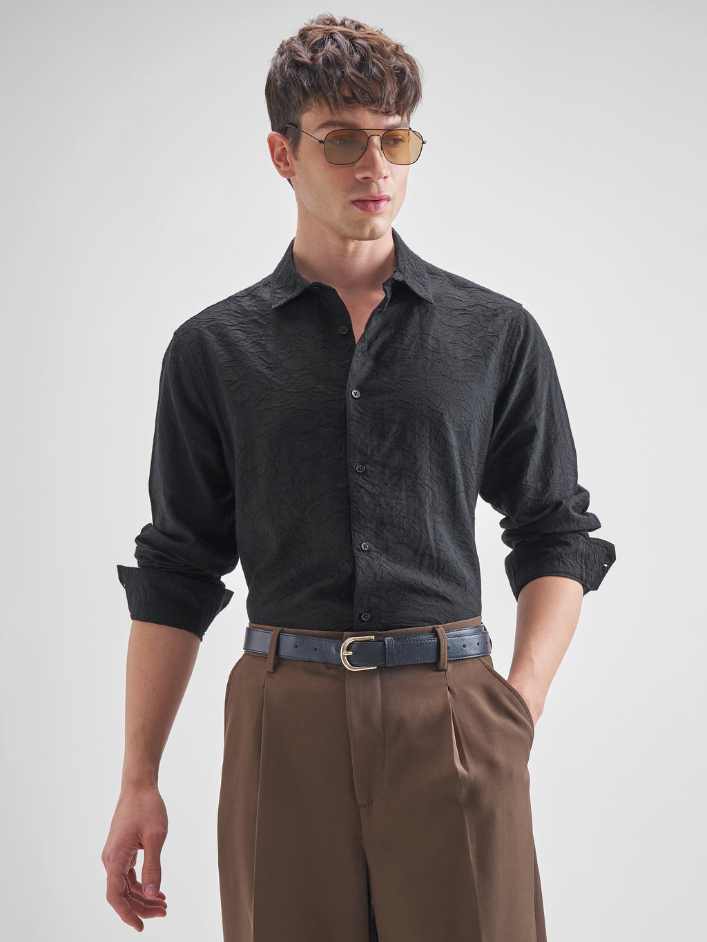 Highlander Men Black Self Design Relaxed Fit Casual Shirt - Black - Image 6