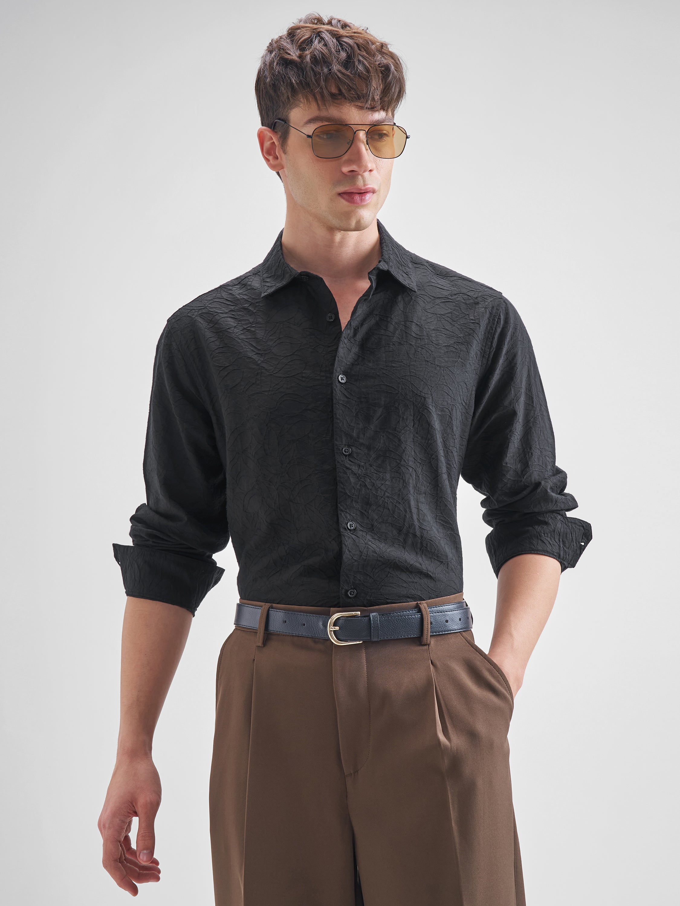 Highlander Men Black Self Design Relaxed Fit Casual Shirt - Black - Image 6