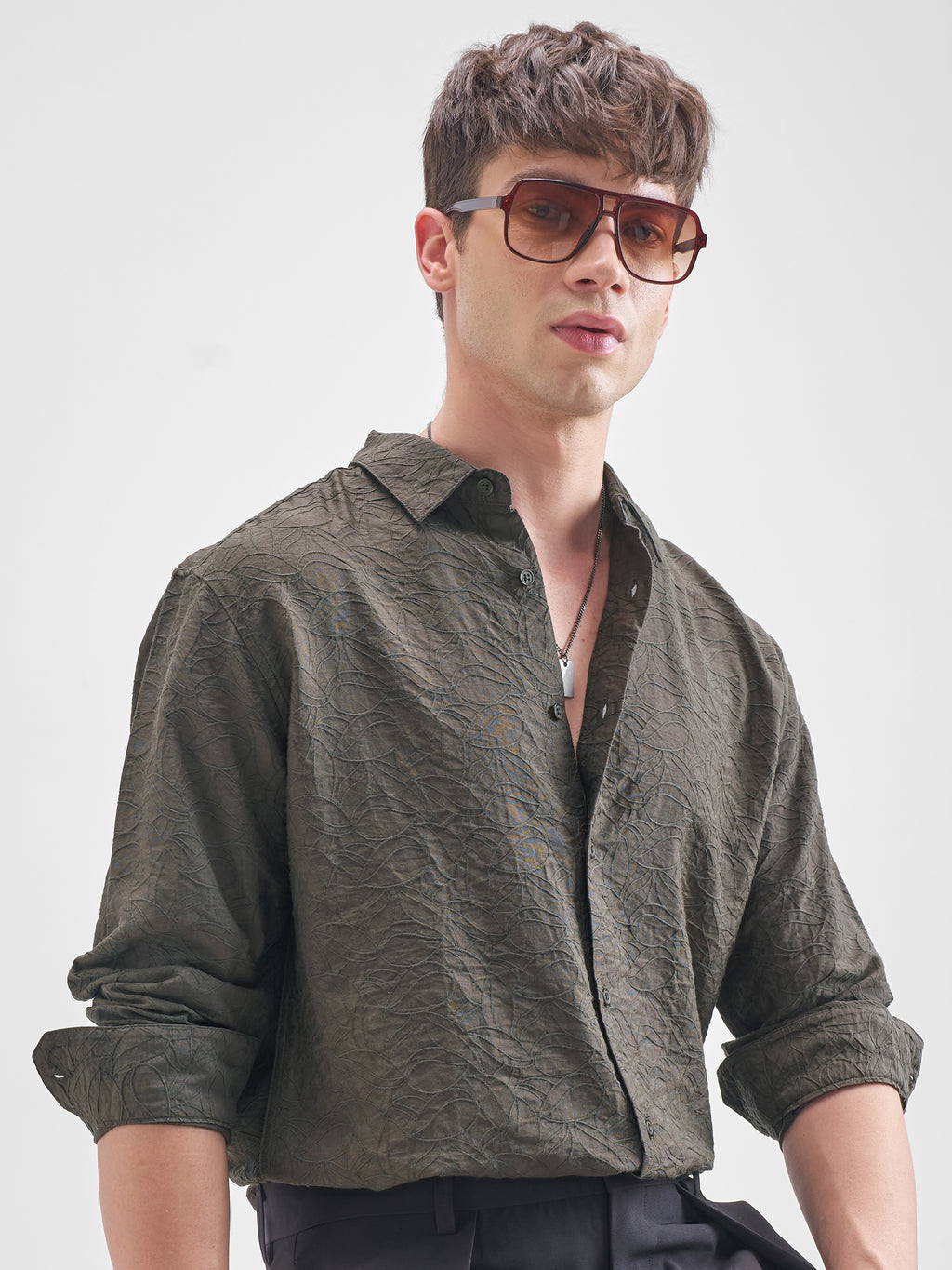 Highlander Men Olive Self Design Relaxed Fit Casual Shirt - Olive - Image 1