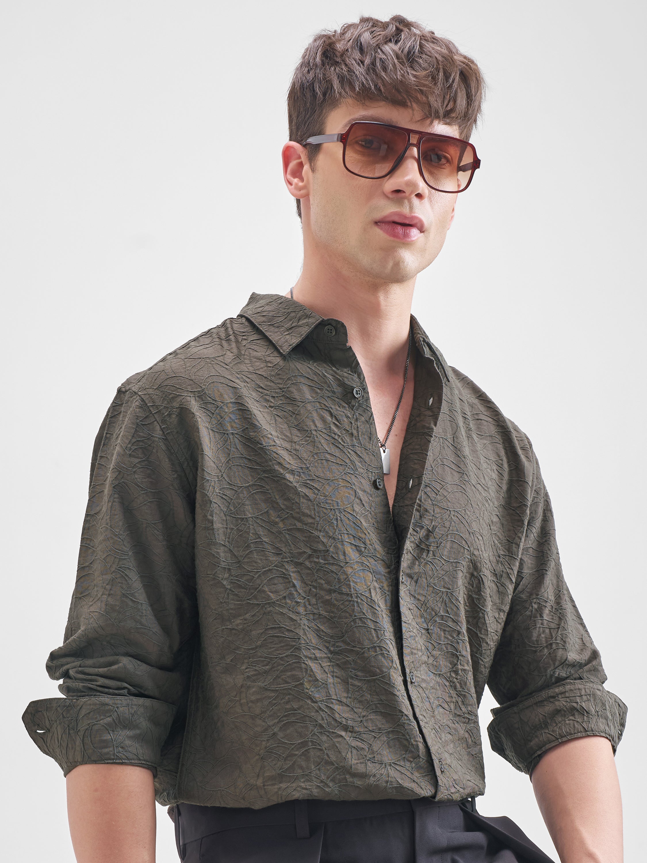 Highlander Men Olive Self Design Relaxed Fit Casual Shirt - Olive - Image 1