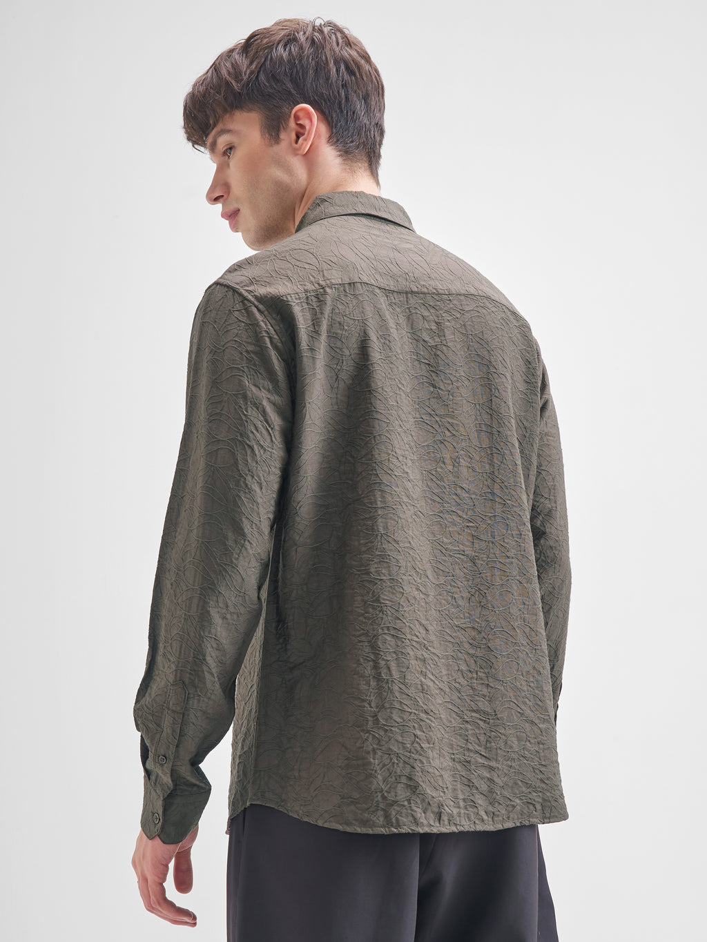 Highlander Men Olive Self Design Relaxed Fit Casual Shirt - Olive - Image 3