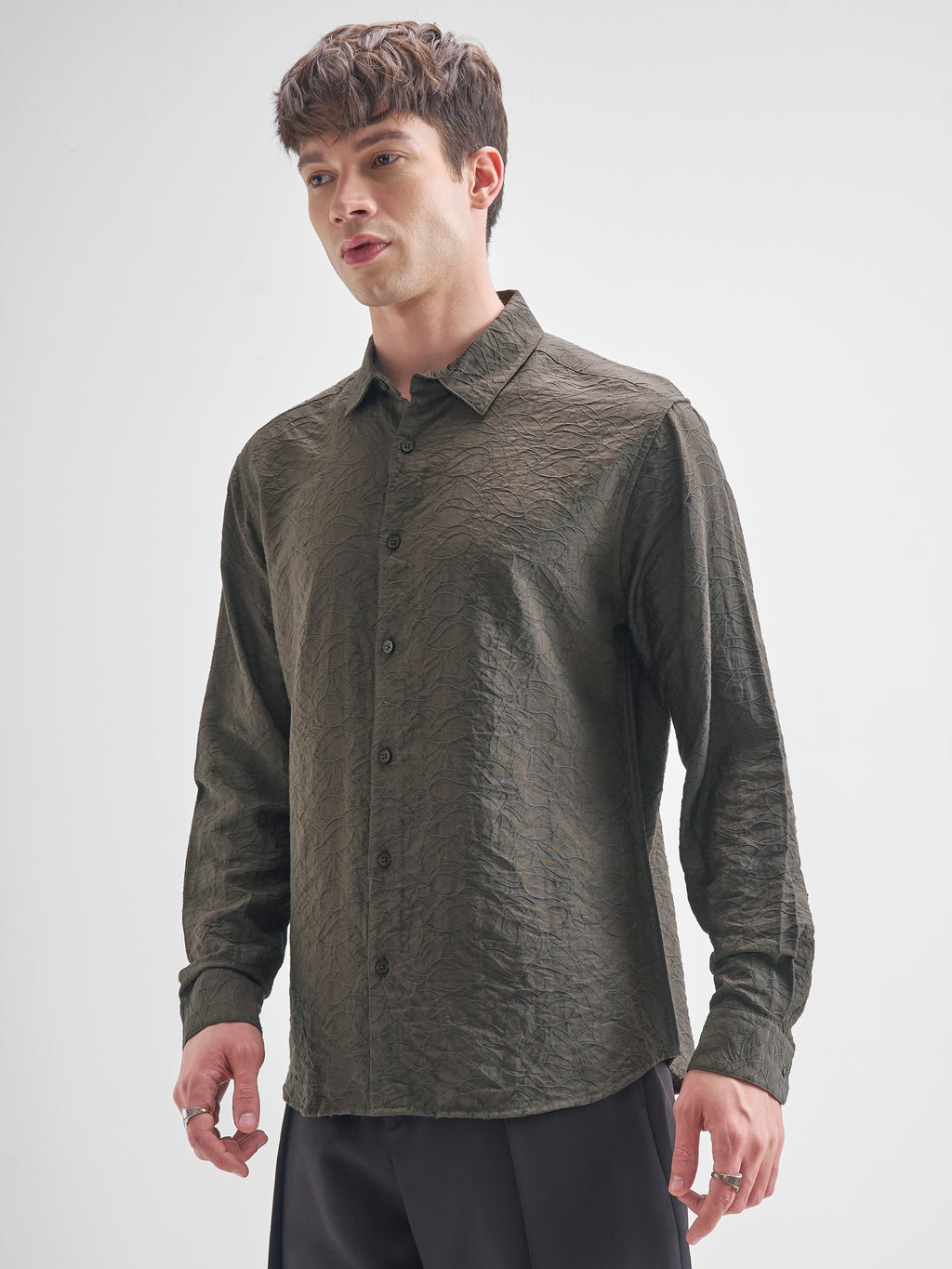 Highlander Men Olive Self Design Relaxed Fit Casual Shirt - Olive - Image 4