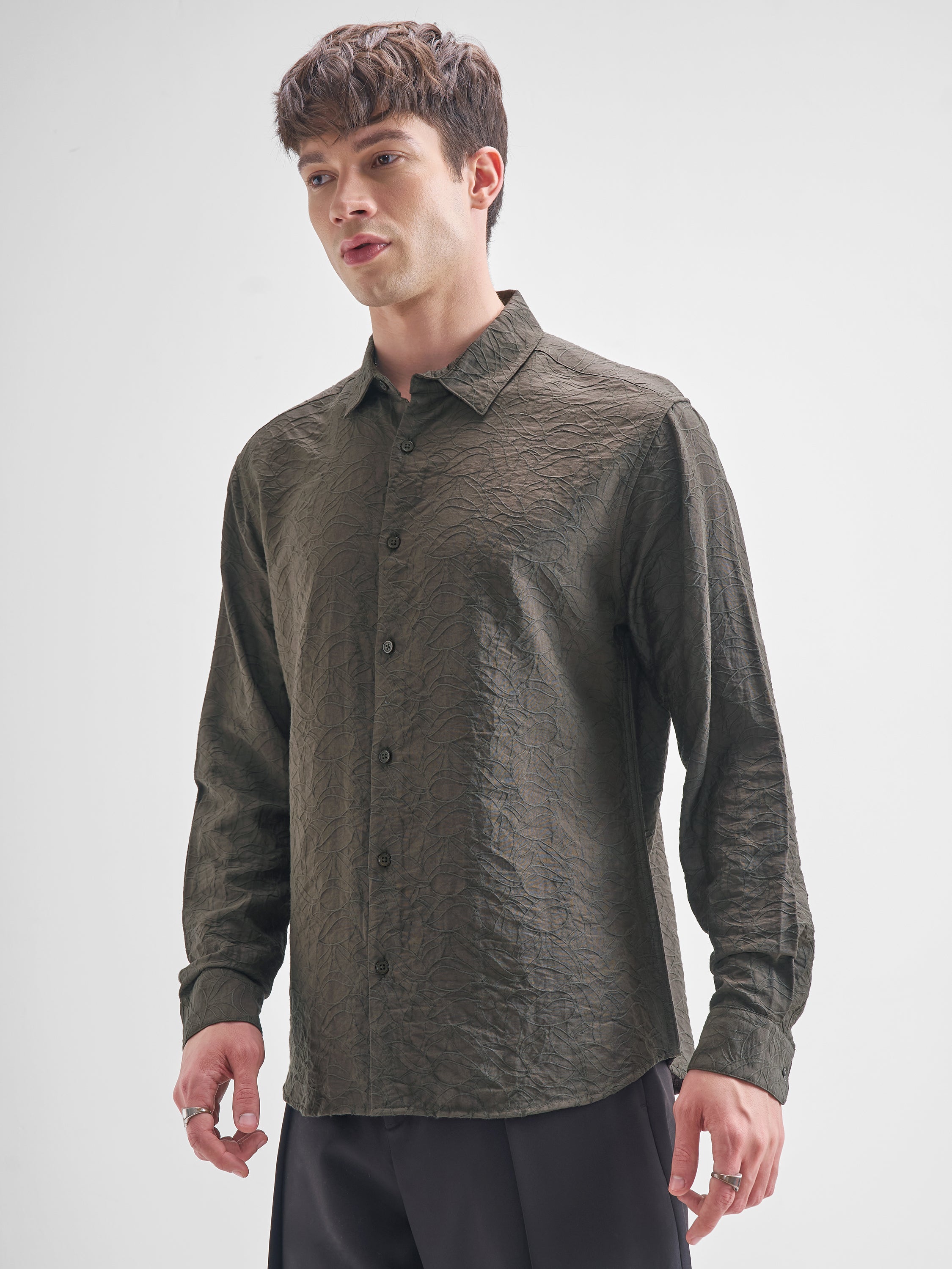 Highlander Men Olive Self Design Relaxed Fit Casual Shirt - Olive - Image 4