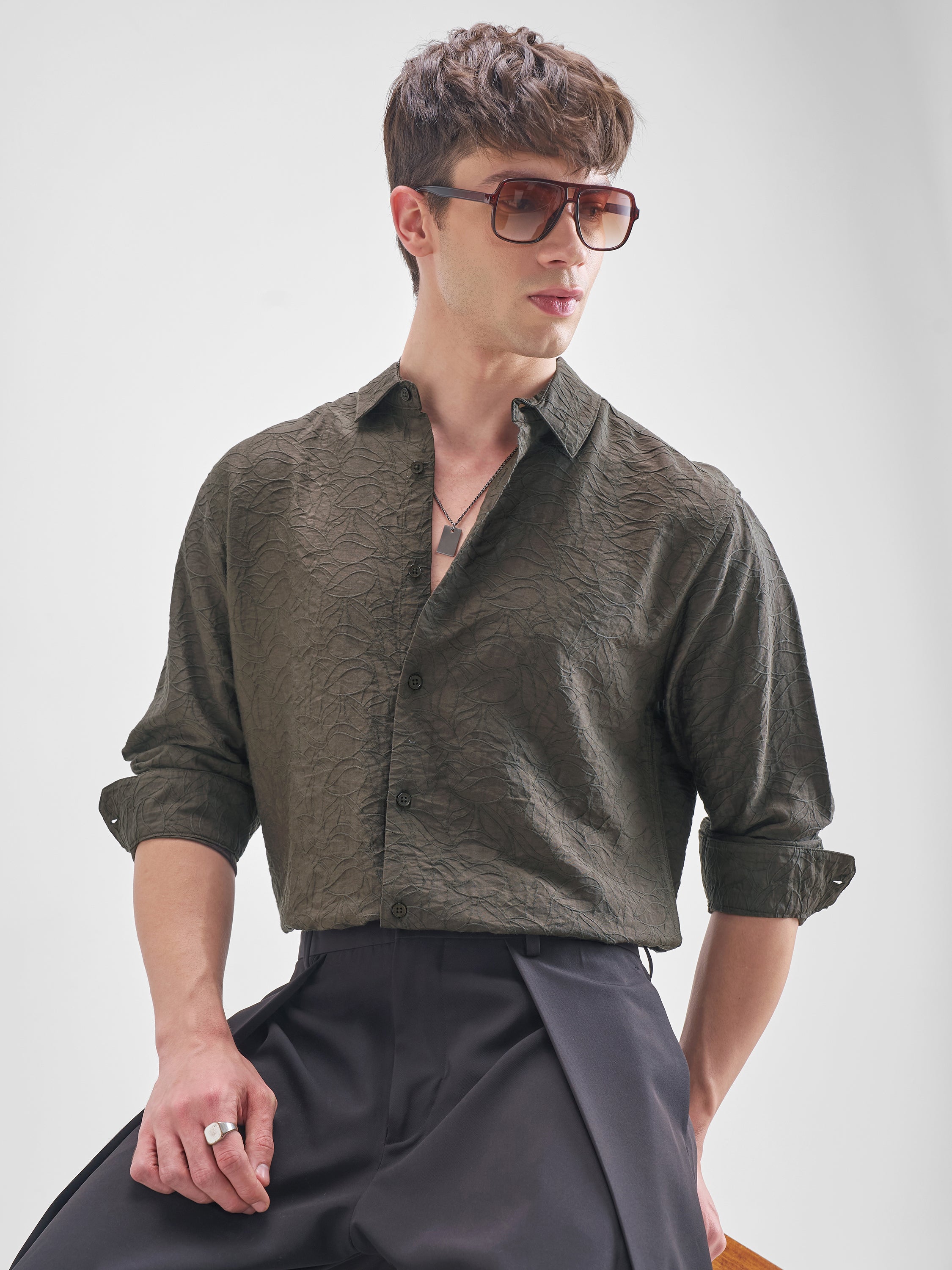 Highlander Men Olive Self Design Relaxed Fit Casual Shirt - Olive - Image 6