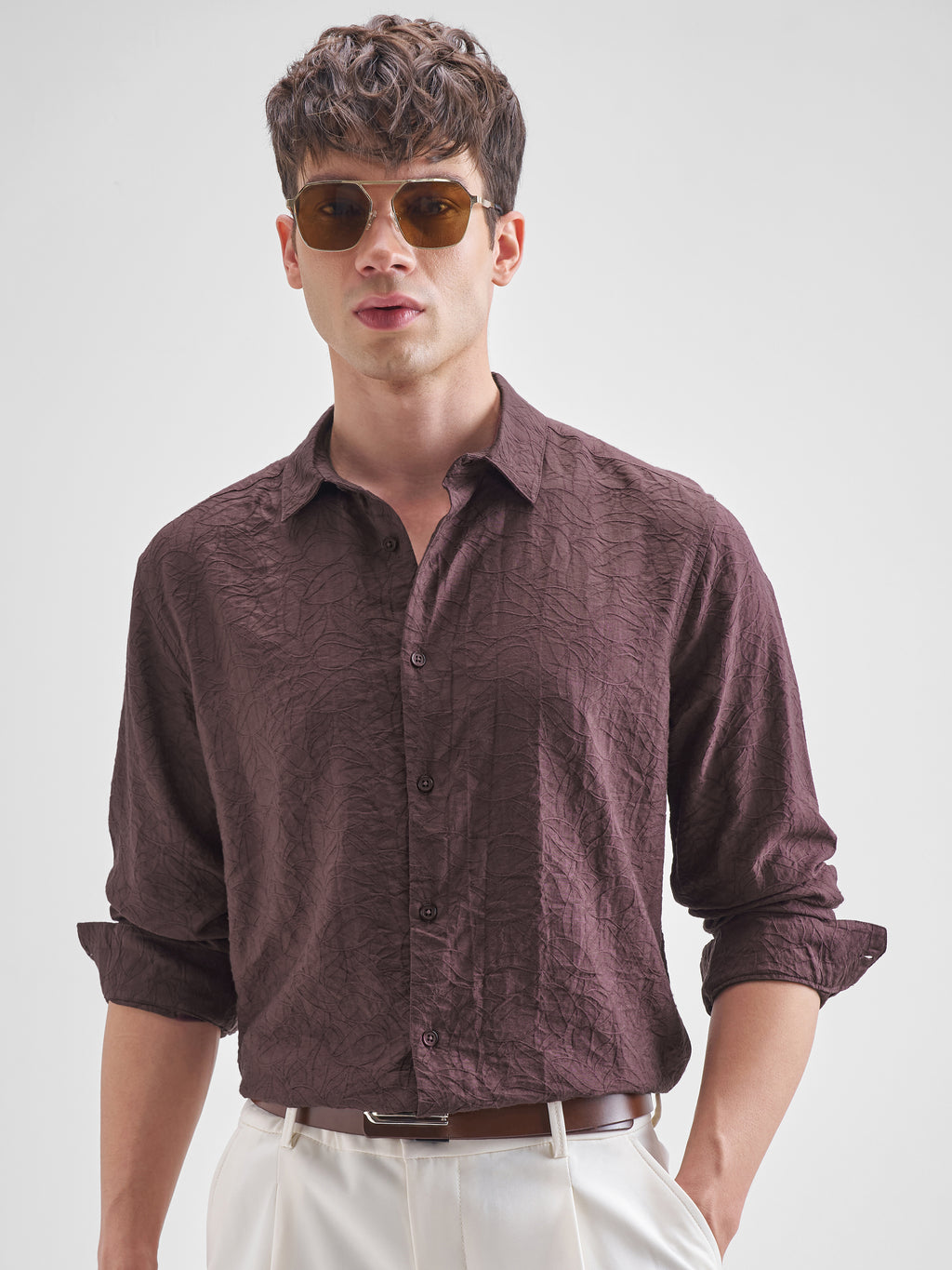 Highlander Men Purple Self Design Relaxed Fit Casual Shirt - Purple - Image 1