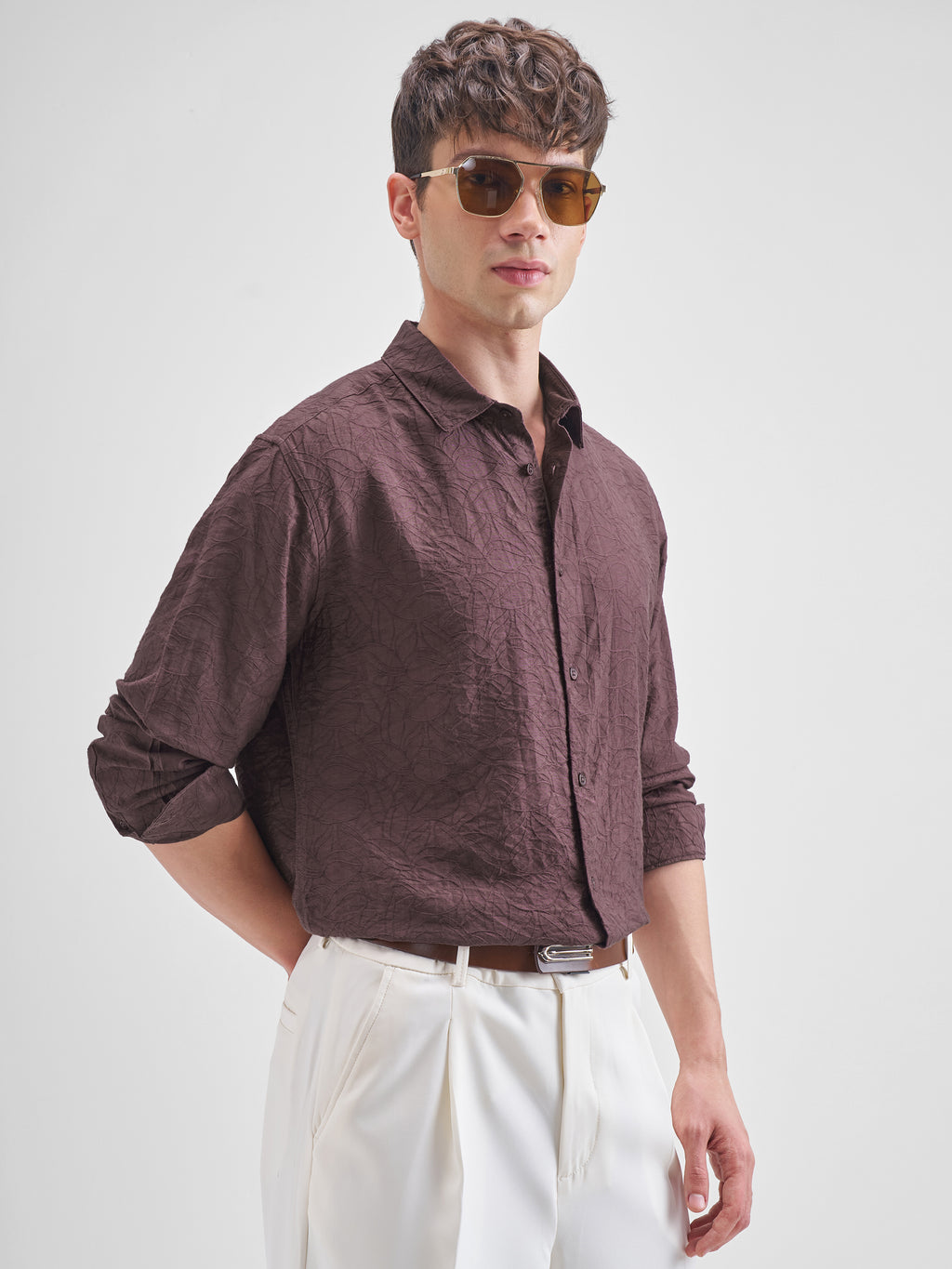 Highlander Men Purple Self Design Relaxed Fit Casual Shirt - Purple - Image 6