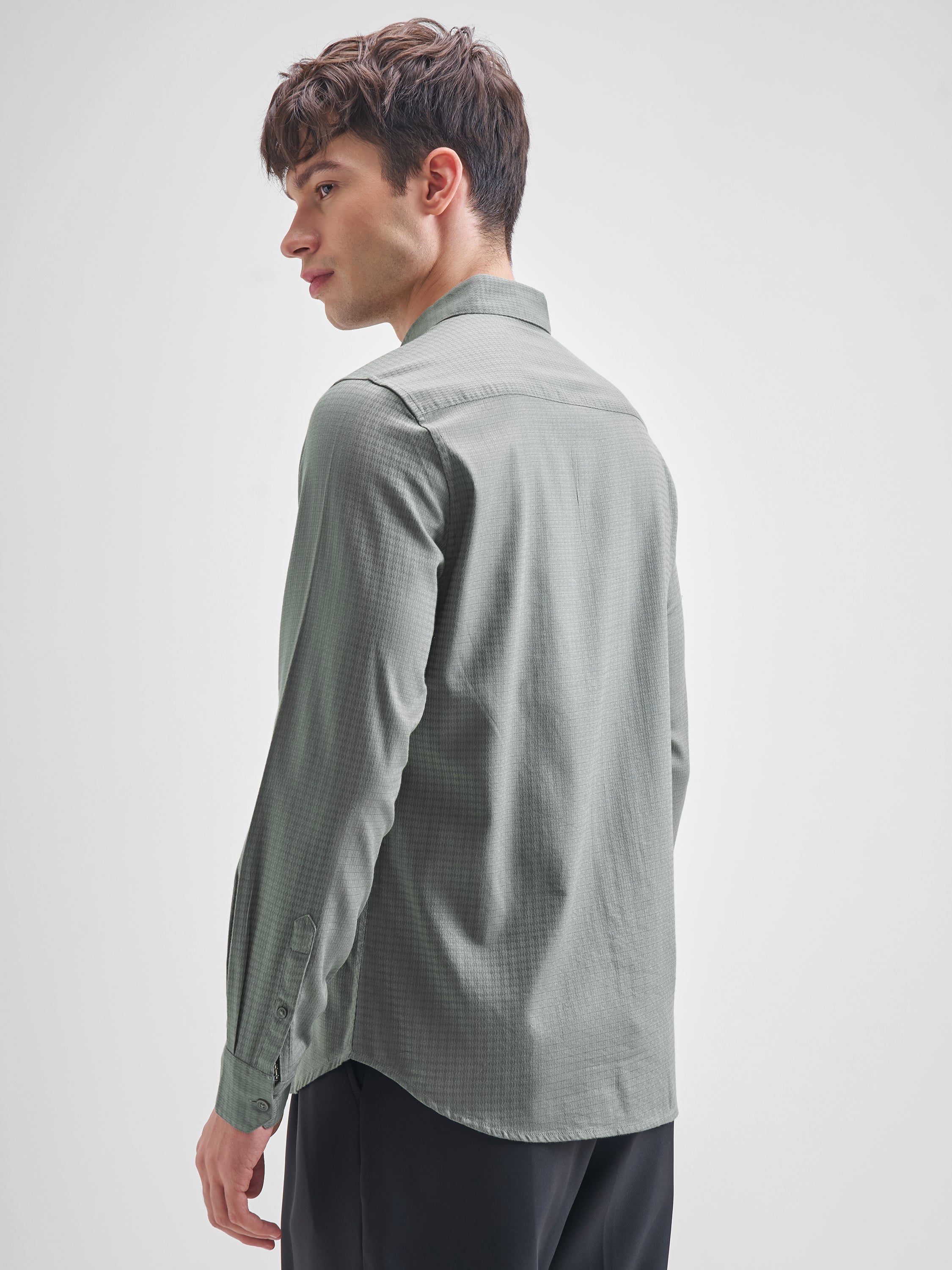 Highlander Men Olive Self Design Slim Fit Casual Shirt - Olive - Image 3
