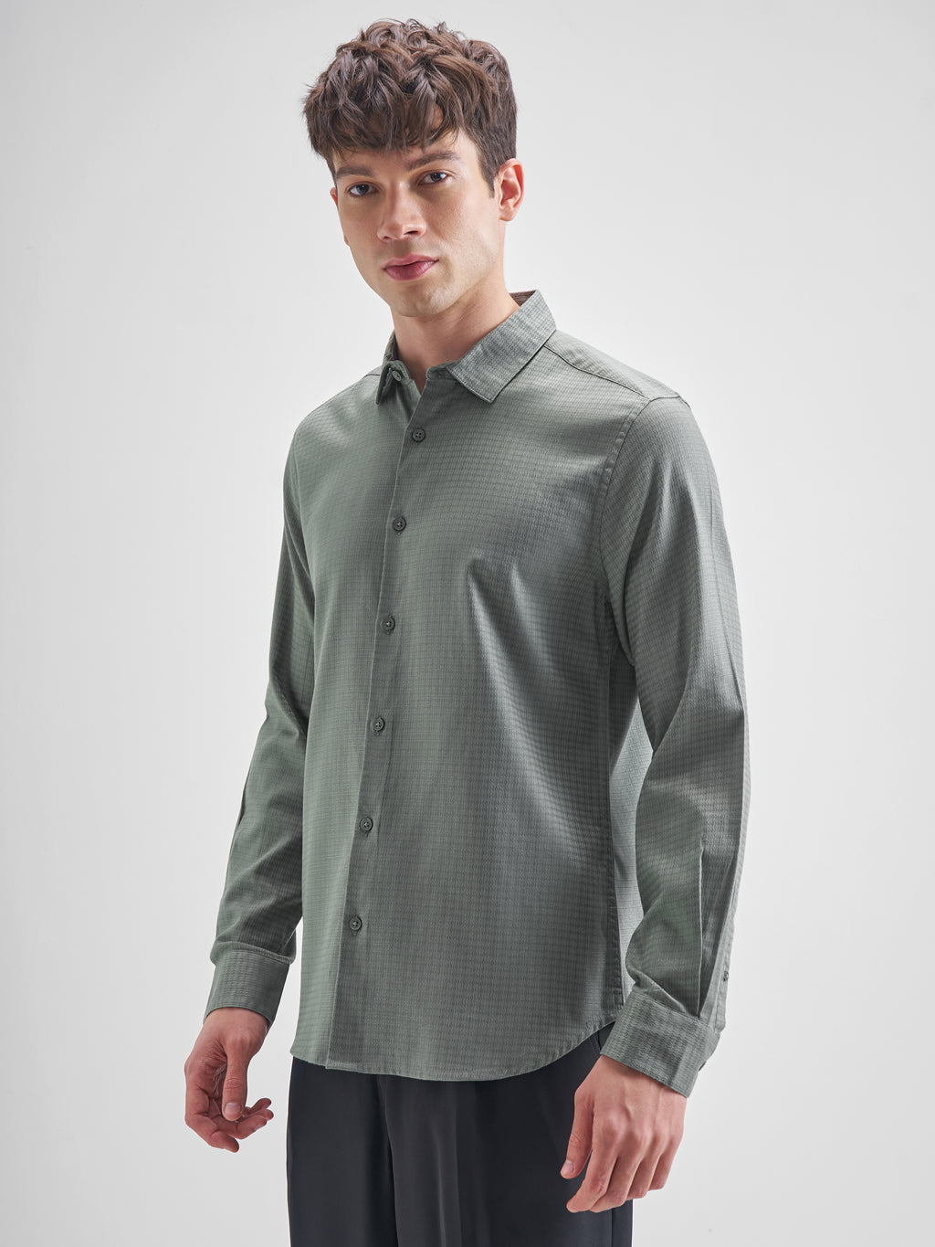 Highlander Men Olive Self Design Slim Fit Casual Shirt - Olive - Image 4