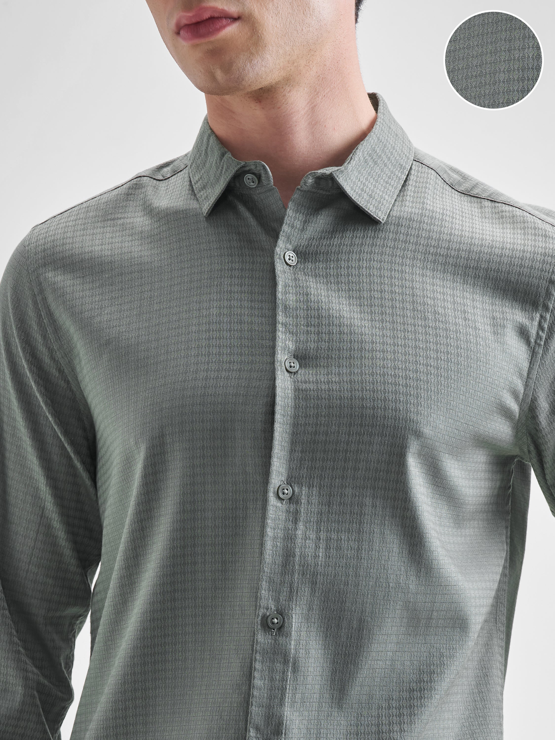 Highlander Men Olive Self Design Slim Fit Casual Shirt - Olive - Image 5