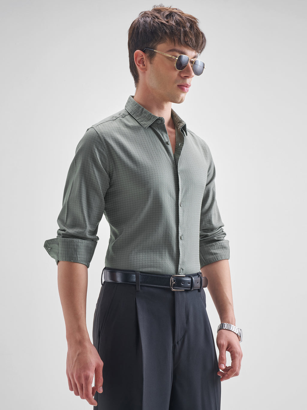 Highlander Men Olive Self Design Slim Fit Casual Shirt - Olive - Image 6