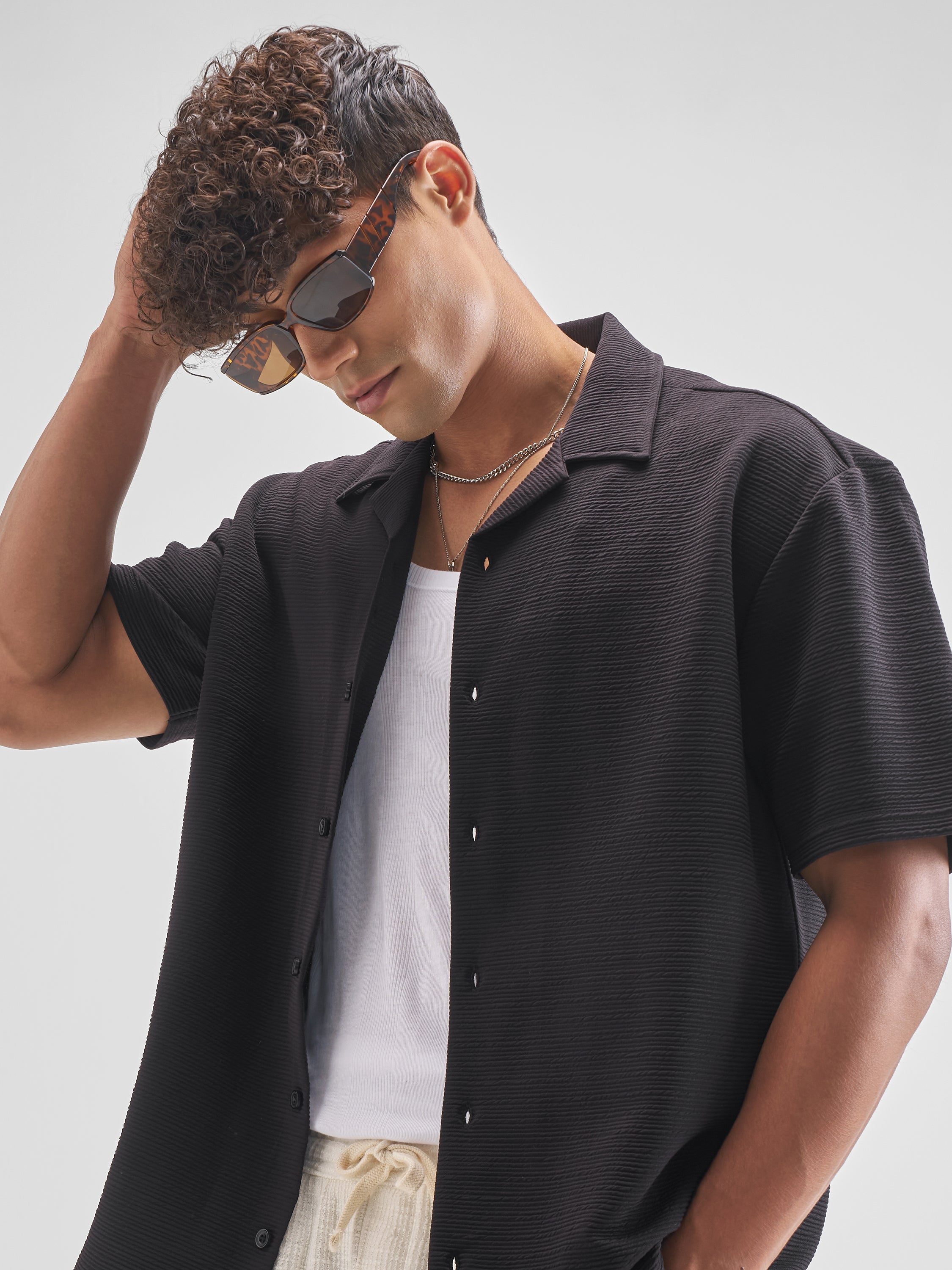 Highlander Men Black Self Design Relaxed Fit Casual Shirt - Black - Image 1