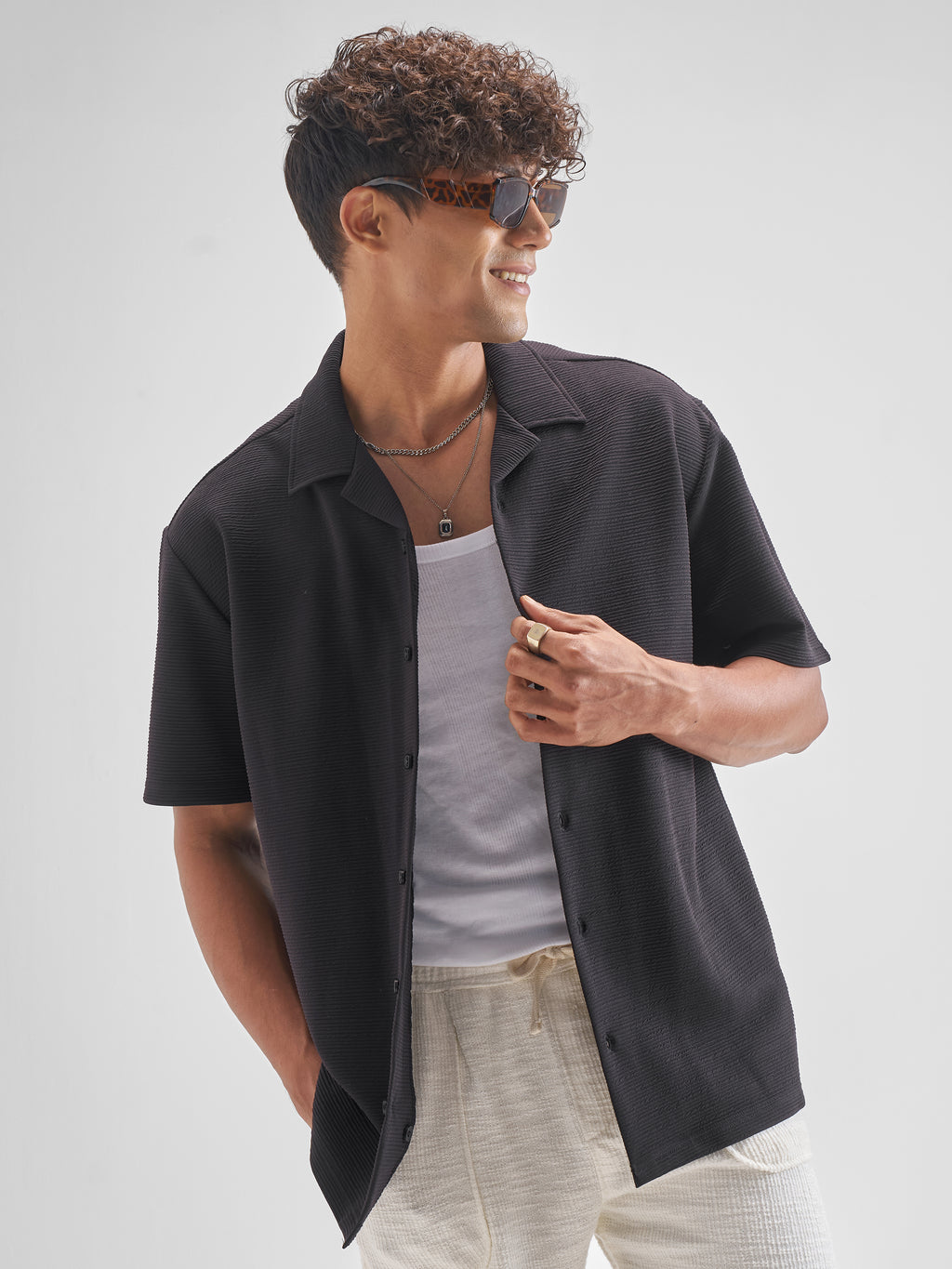Highlander Men Black Self Design Relaxed Fit Casual Shirt - Black - Image 4