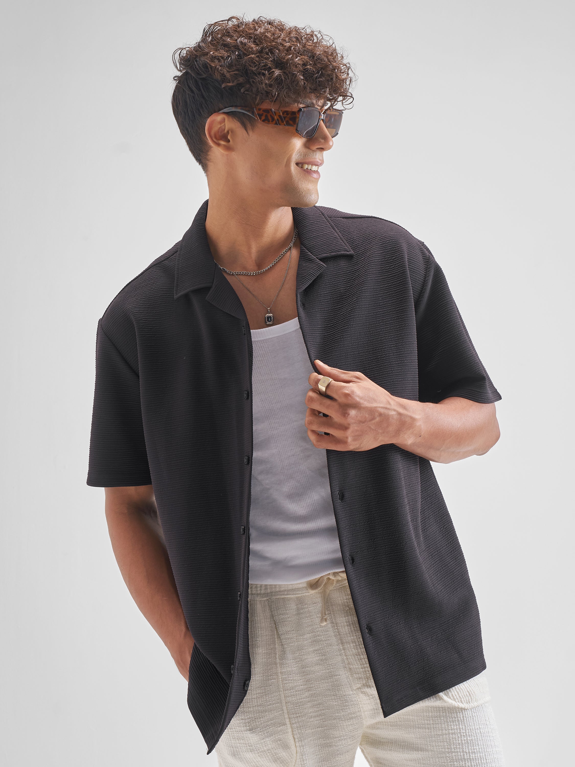 Highlander Men Black Self Design Relaxed Fit Casual Shirt - Black - Image 4