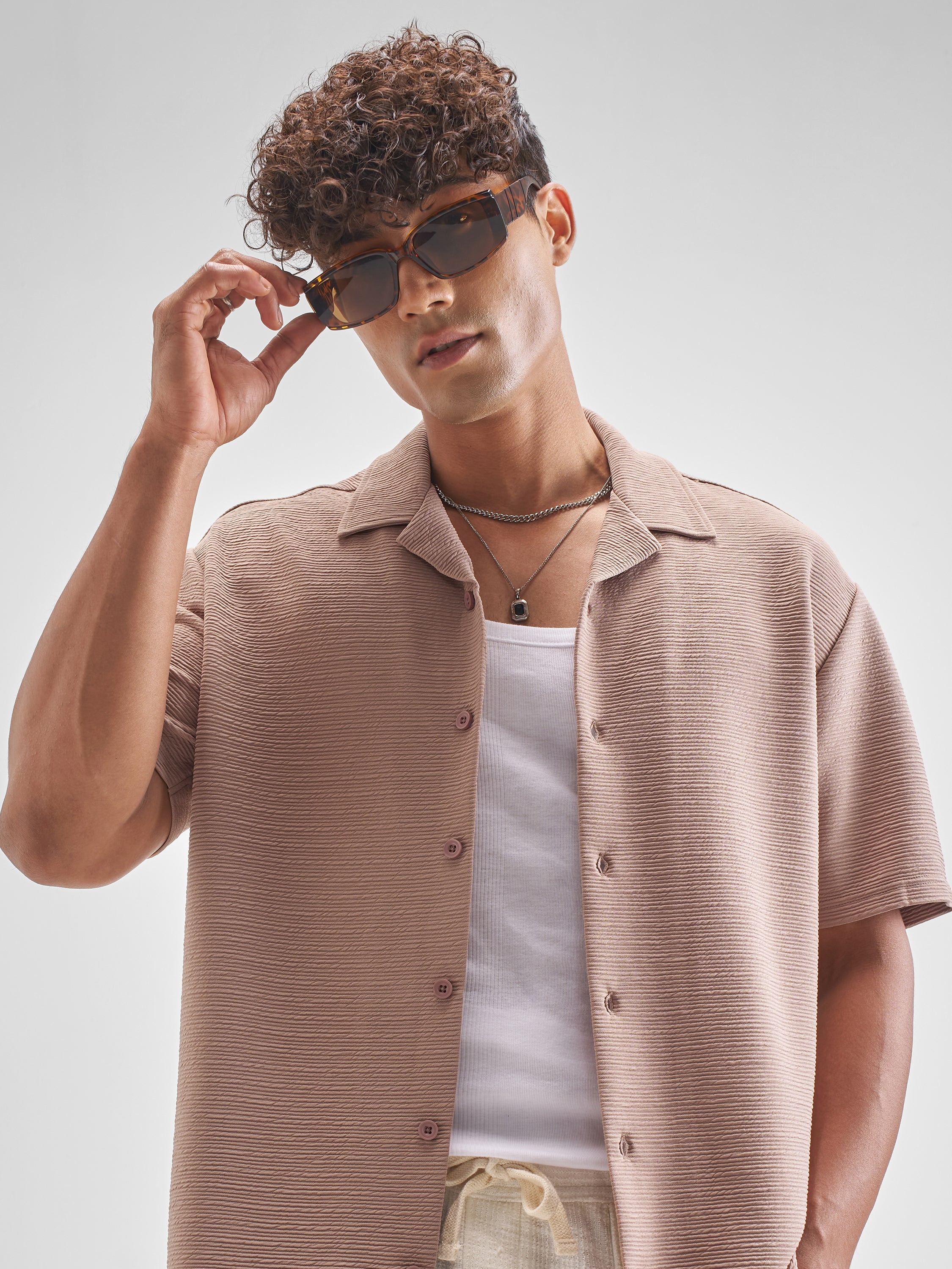 Highlander Men Peach Self Design Relaxed Fit Casual Shirt - Peach - Image 1