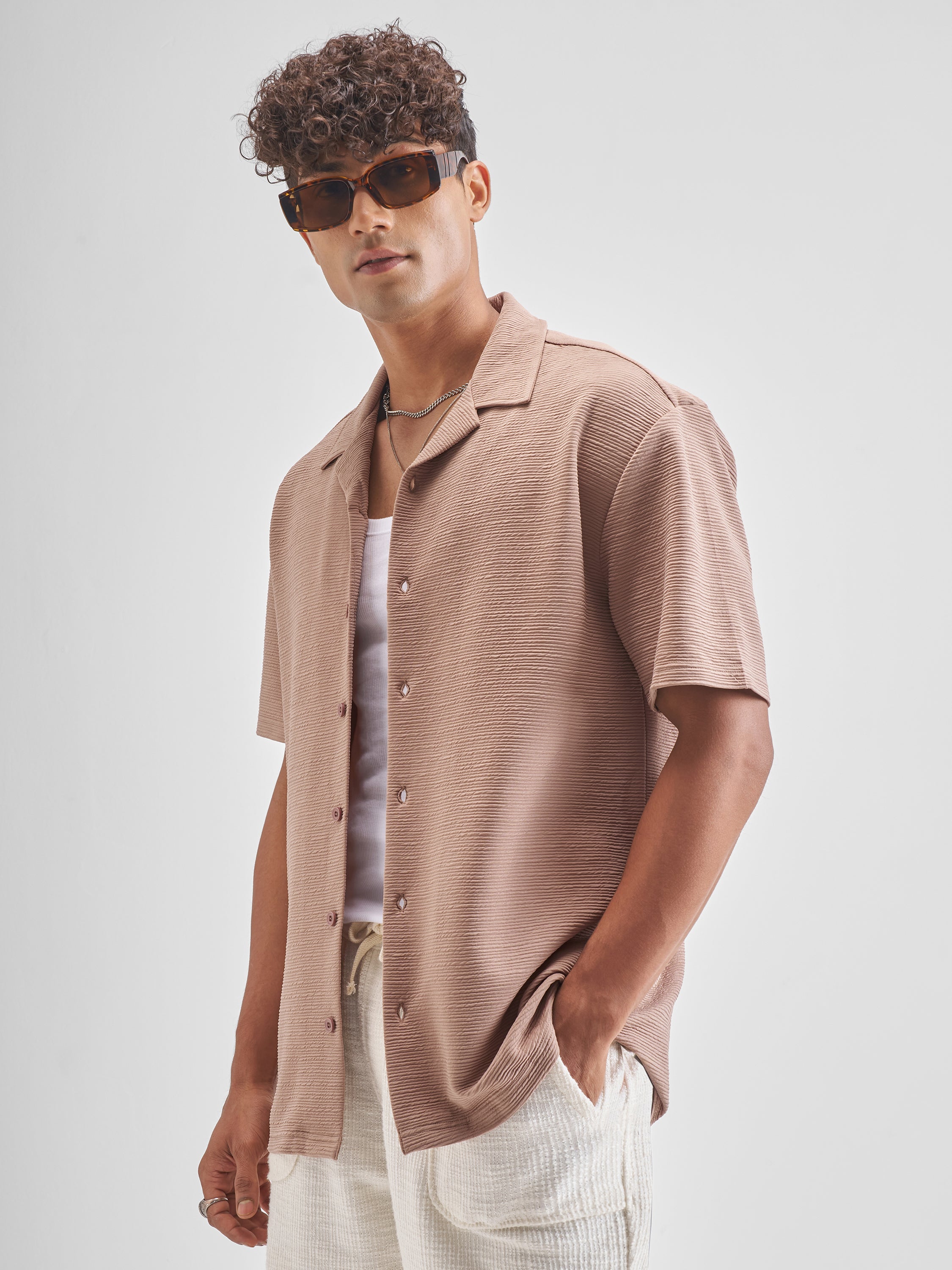 Highlander Men Peach Self Design Relaxed Fit Casual Shirt - Peach - Image 4