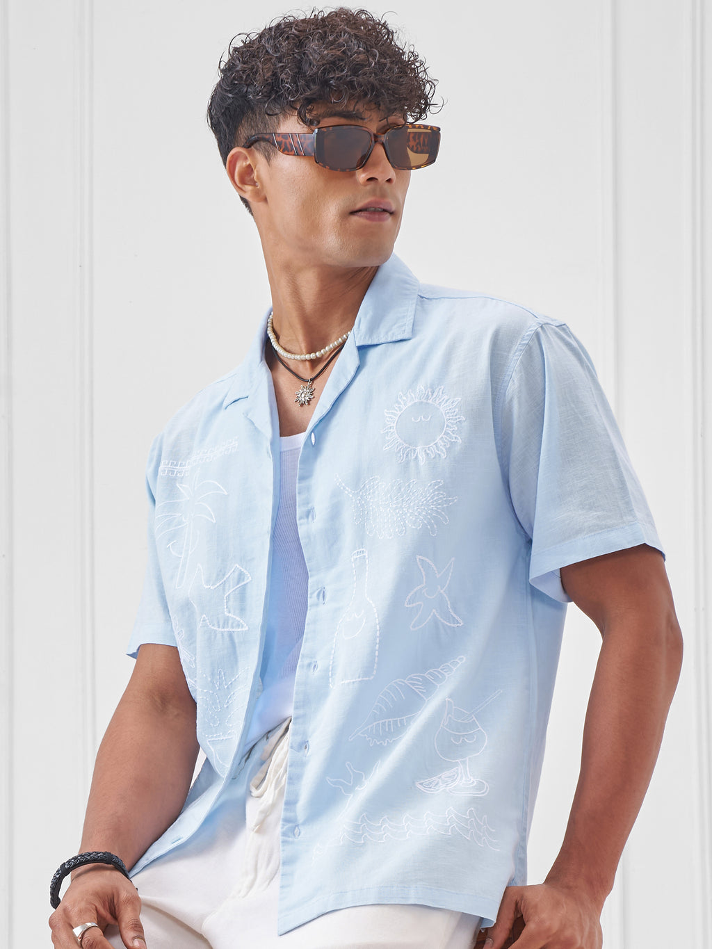 Highlander Men Blue Embroidered Relaxed Fit Casual Shirt - Blue - Image 1