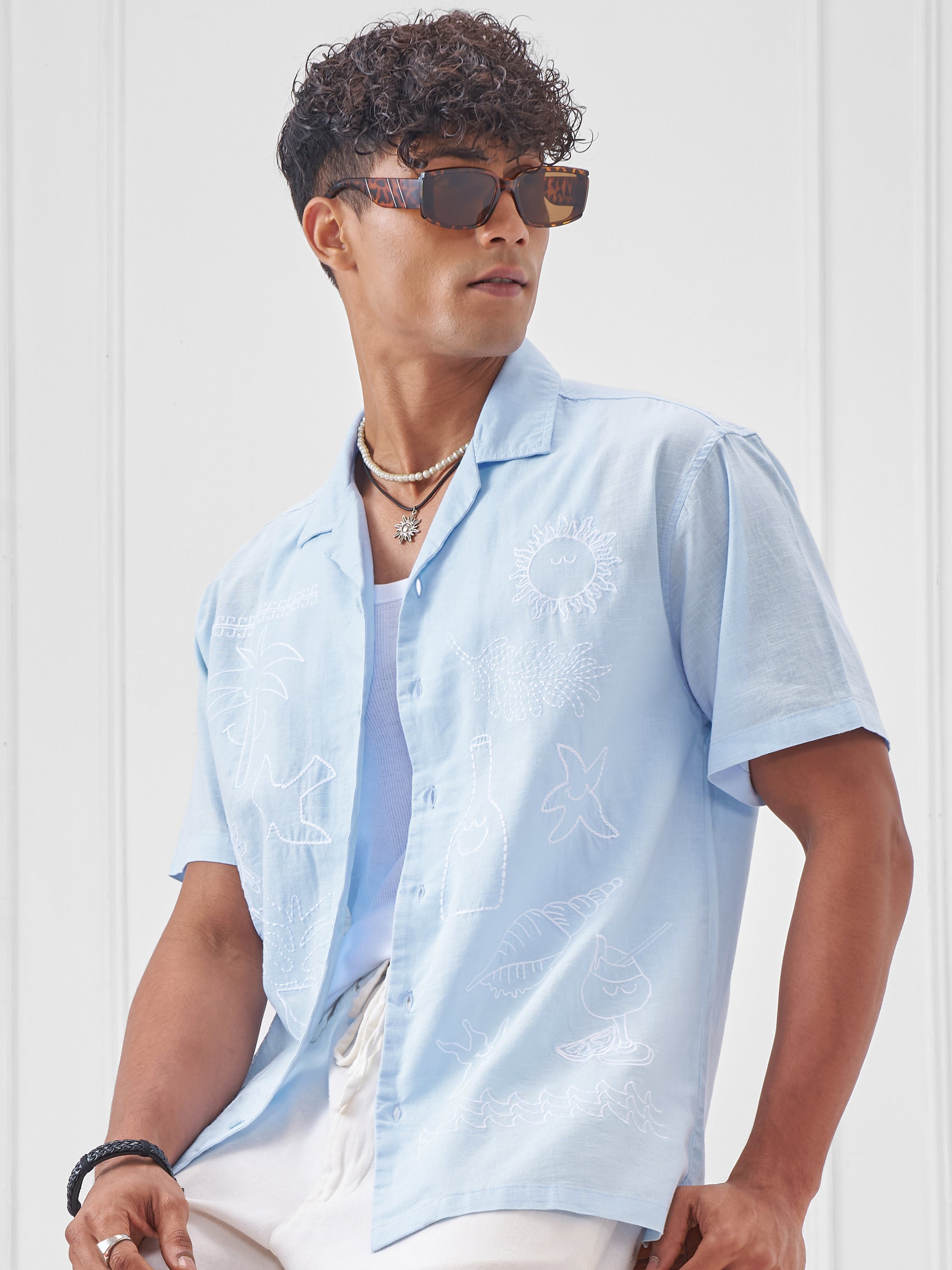 Highlander Men Blue Embroidered Relaxed Fit Casual Shirt - Blue - Image 1